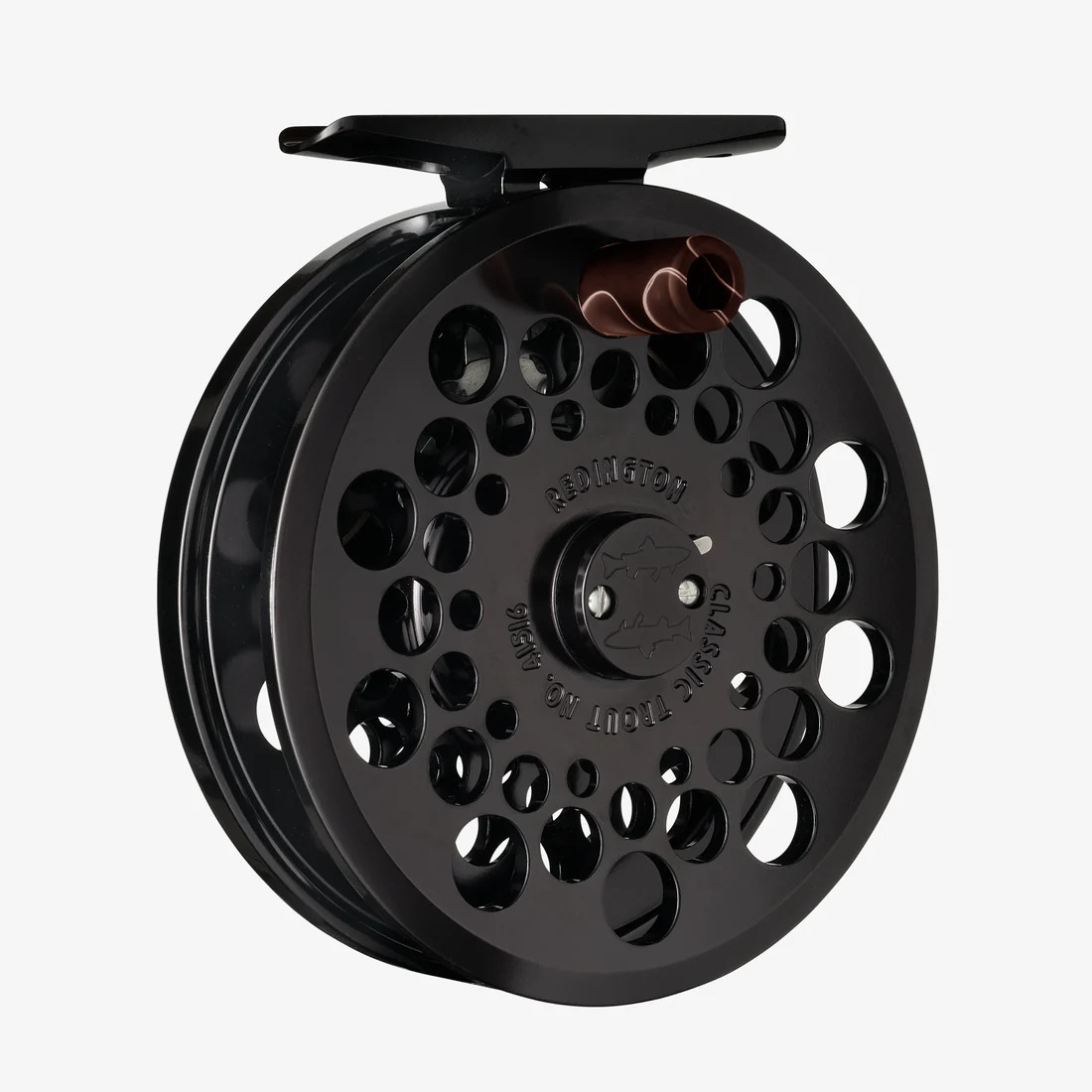 Redington Classic Trout fly reel Black, front view, CNC machined 6061-T6 aluminum trout reel