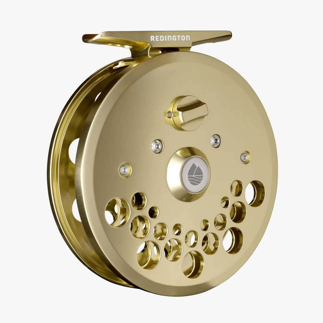 Redington Classic Trout fly reel Gold, back view, ported spool with double-clicker drag system