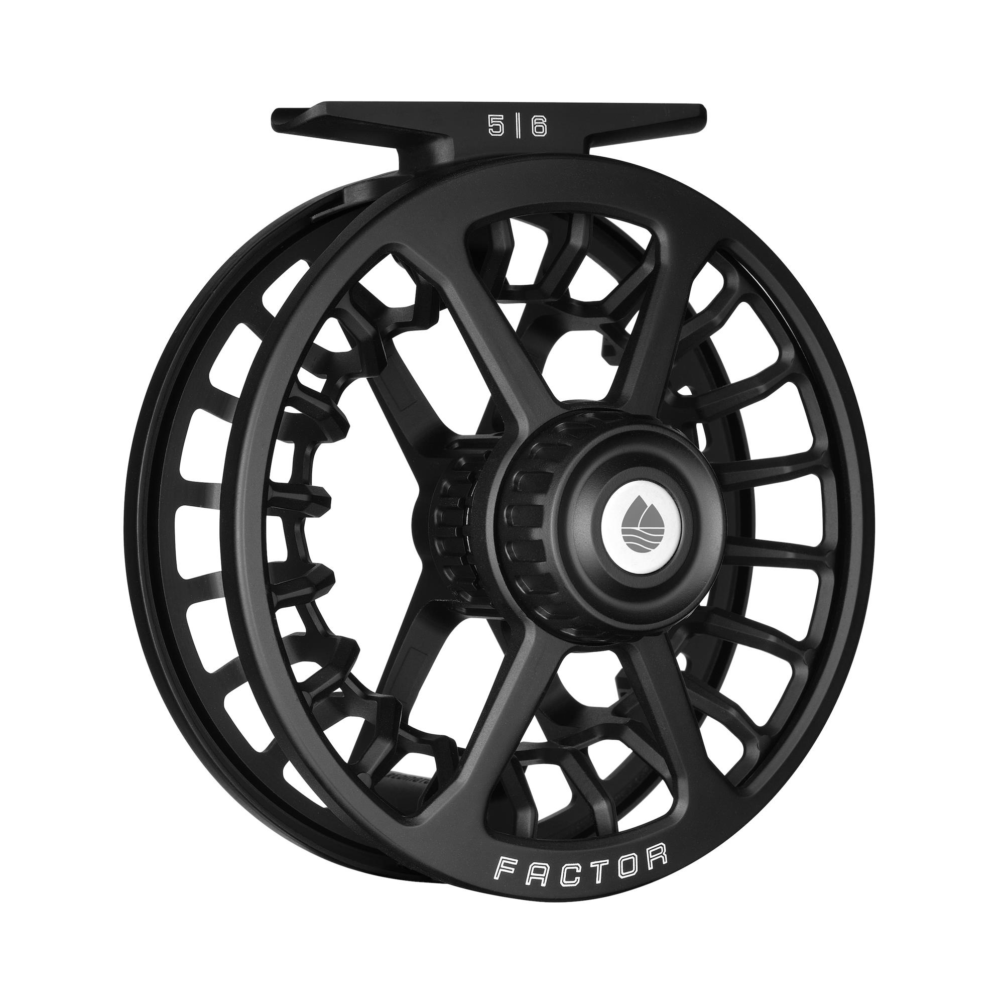 Redington Factor Black 5/6 fly reel angled rear view highlighting drag adjustment knob and large arbor design.