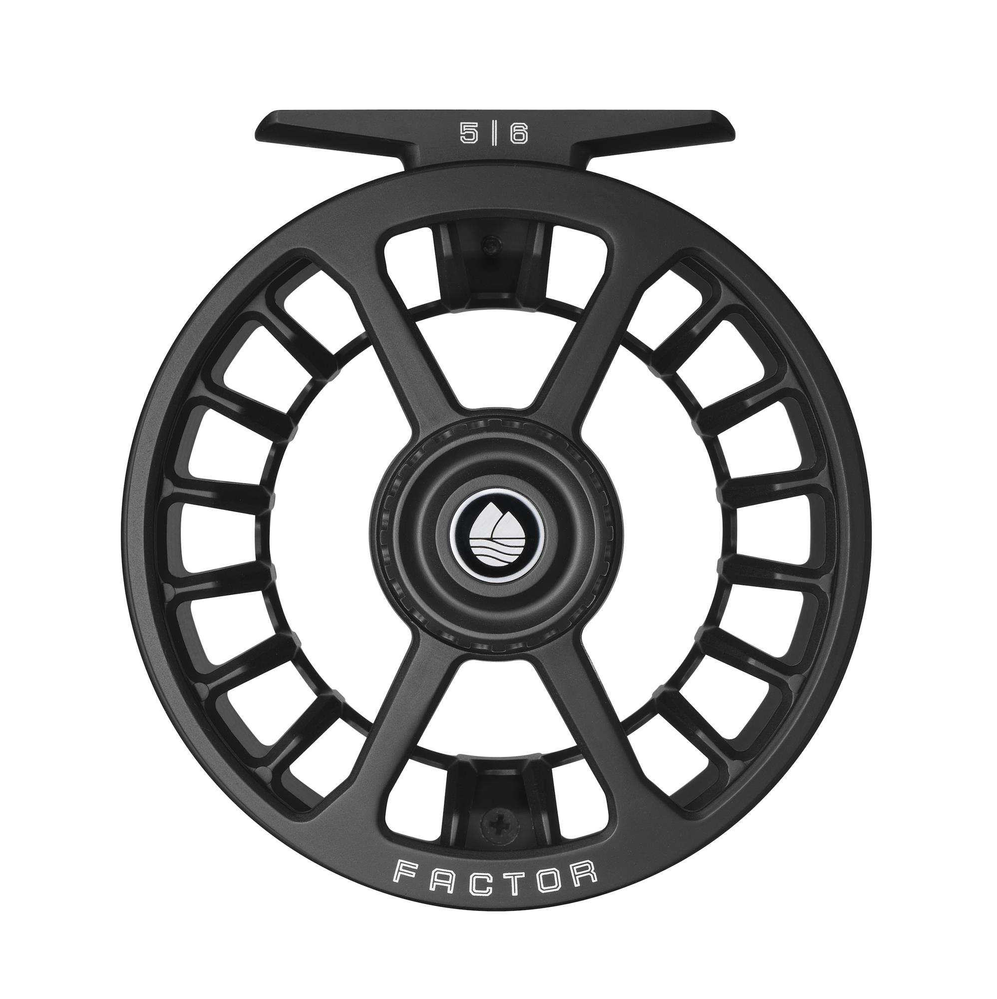 Redington Factor Black 5/6 fly fishing reel rear view featuring large arbor spool and lightweight ported design.