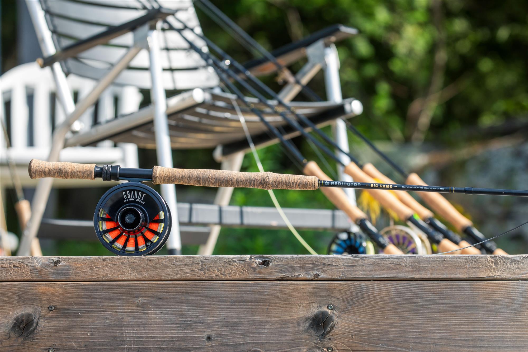 Redington BIG GAME Fly Rod on a dock with Redington Grande fly reel