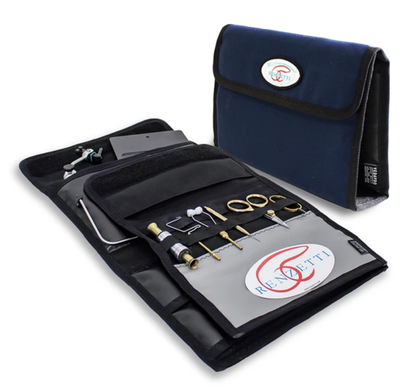 Renzetti R-Evolution fly tying vise travel case open with organized fly tying tools, padded storage pockets and blue carrying ca