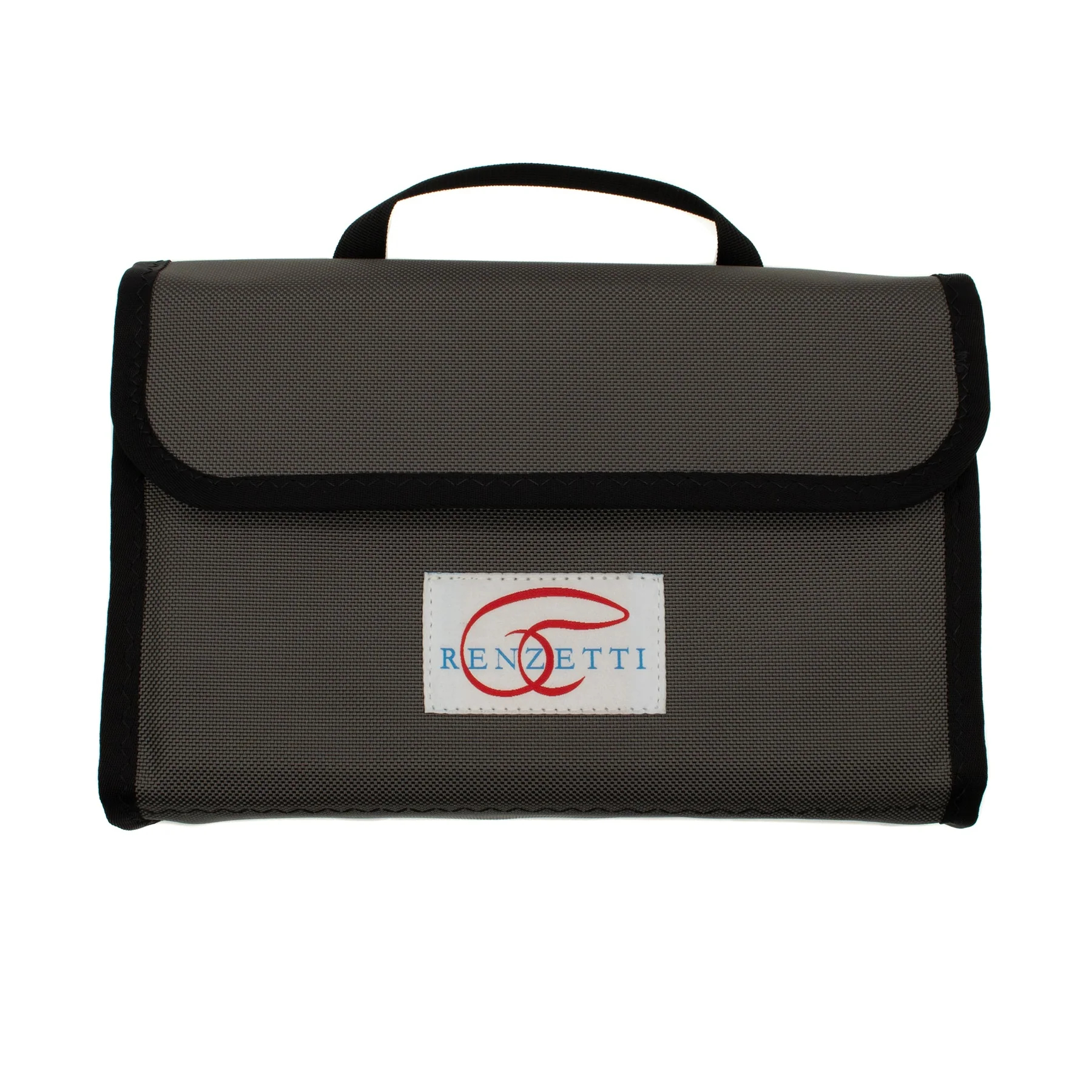 Renzetti R-Evolution padded fly tying vise travel case with durable gray ballistic fabric, carrying handle and logo patch