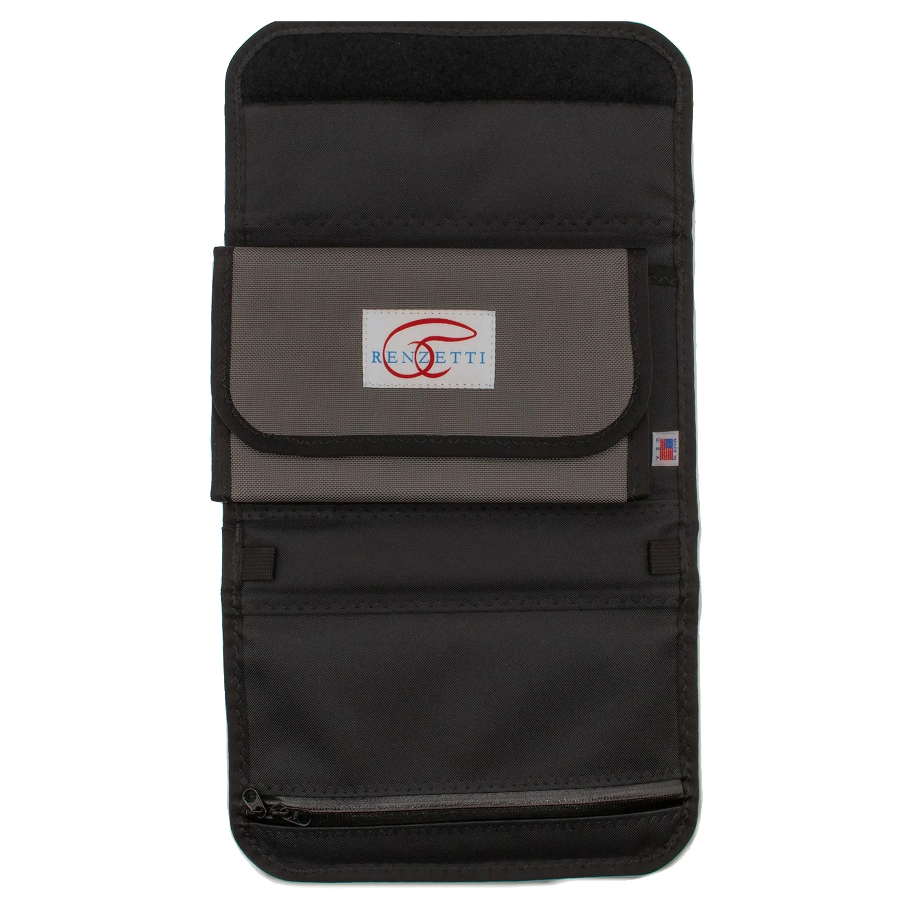 Renzetti R-Evolution fly tying vise storage case opened to show padded interior, tool compartments and zippered pocket