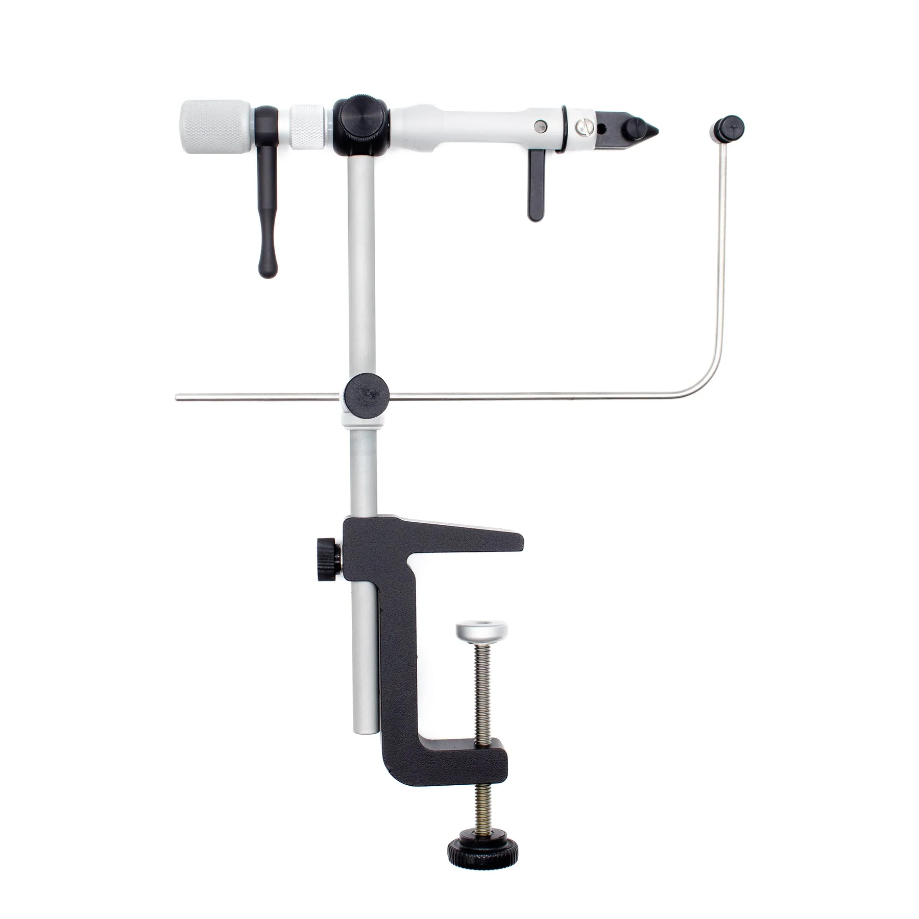 Renzetti Saltwater Clouser Traveler rotary fly tying vise with C-clamp mount, offset jaws and adjustable bobbin cradle