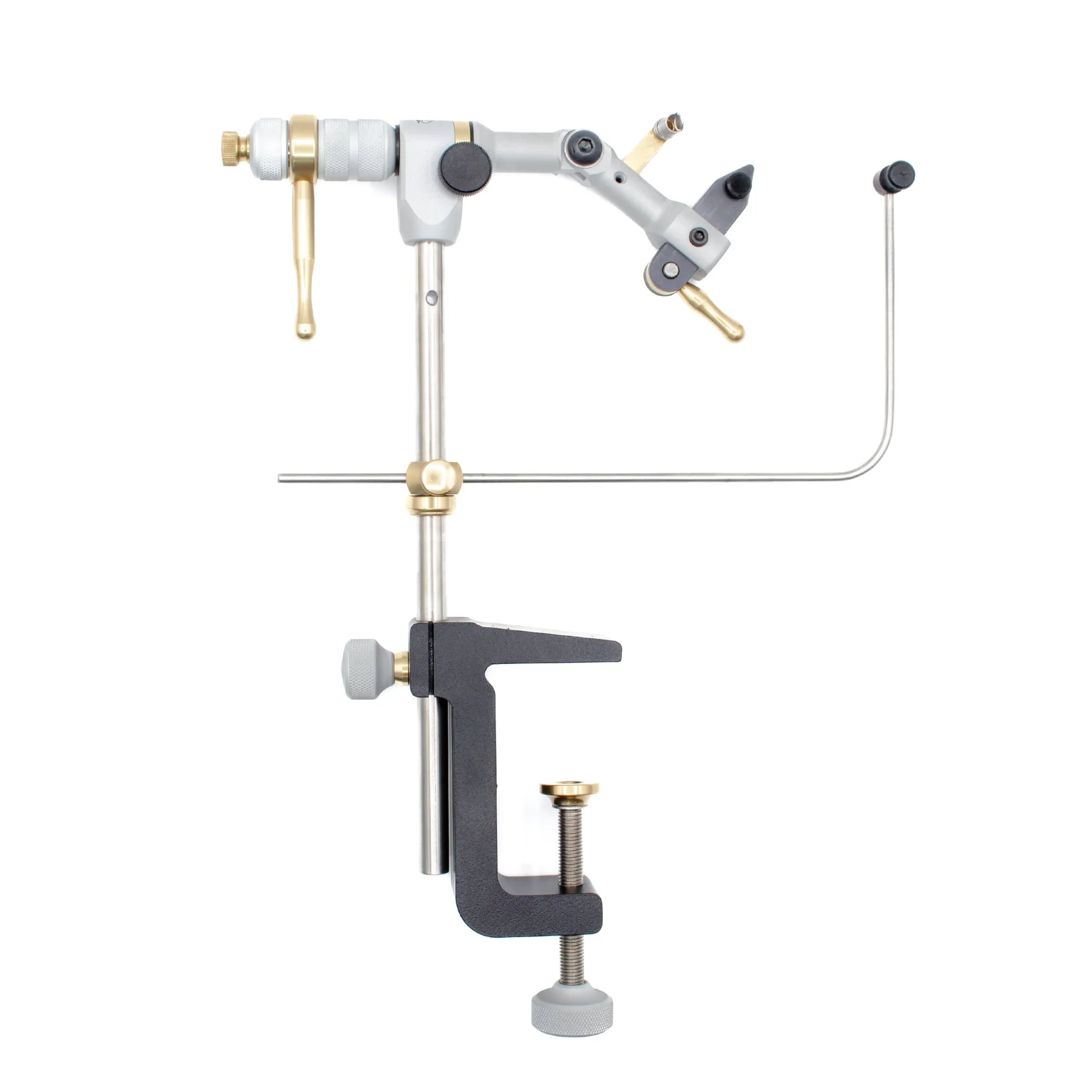 Renzetti Master M6002 true rotary fly tying vise with C-clamp mount, cam-action jaws, brass rotary handle and bobbin cradle