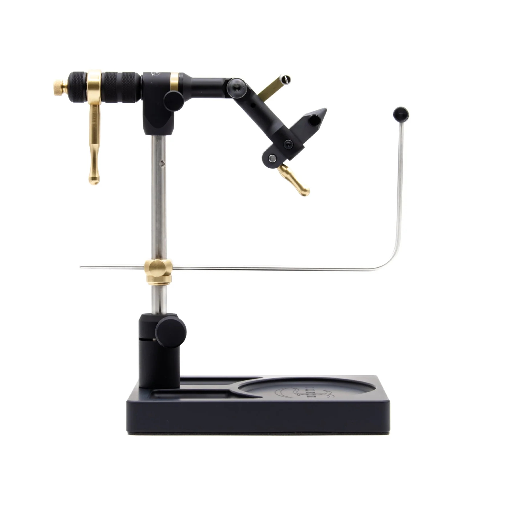 Renzetti Special Edition Master M6010 rotary fly tying vise with black anodized finish, brass accents and deluxe pedestal base