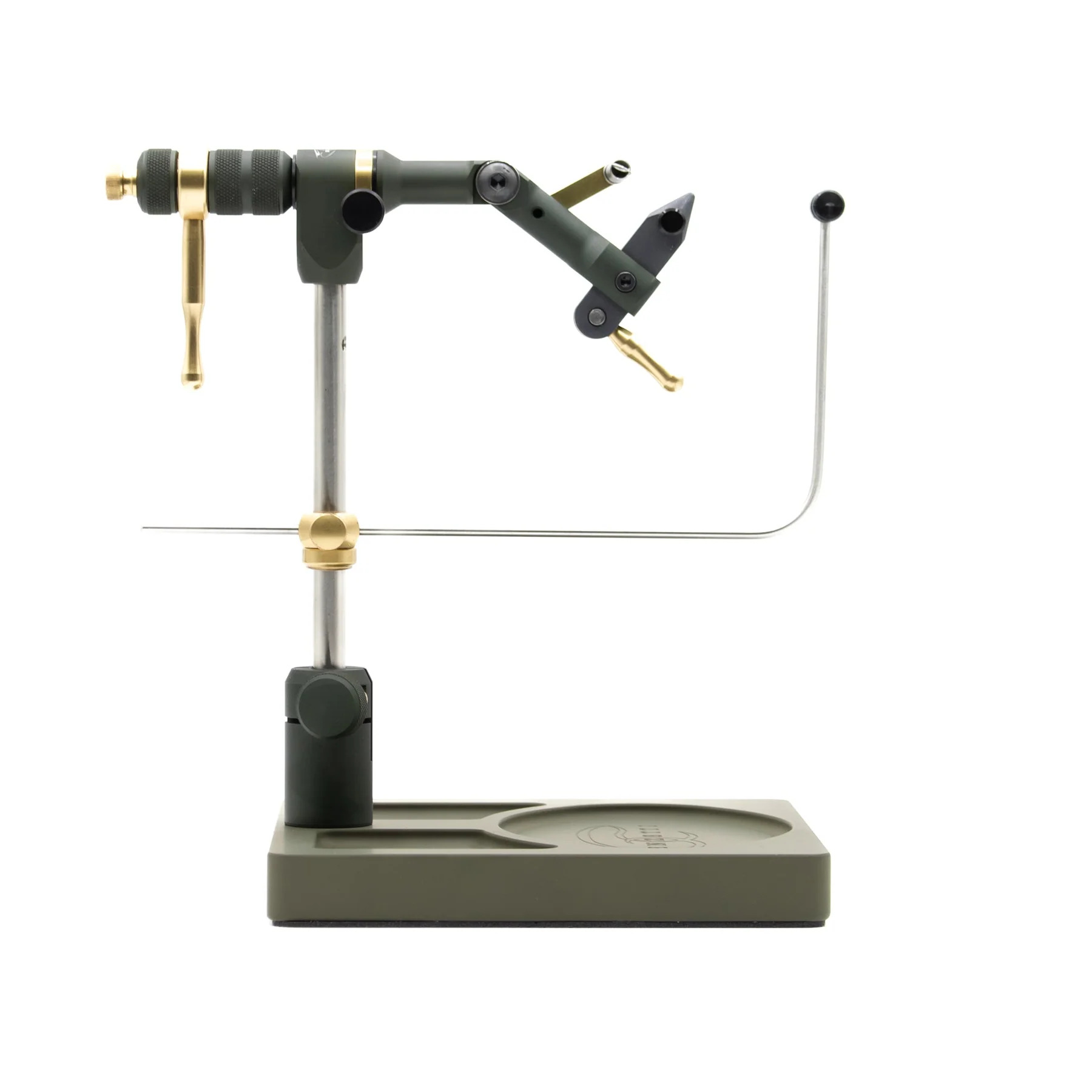 Renzetti Master M6015 true rotary fly tying vise with green anodized finish, deluxe pedestal base and cam-action jaws