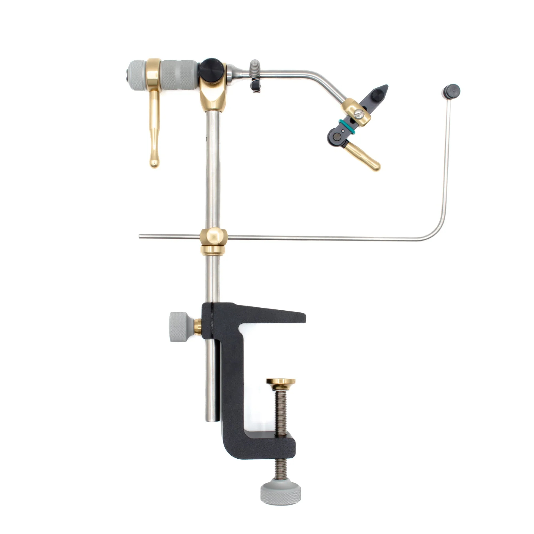 Renzetti Presentation 4000 true rotary fly tying vise with C-clamp mount, cam-action jaws, brass handle and bobbin cradle