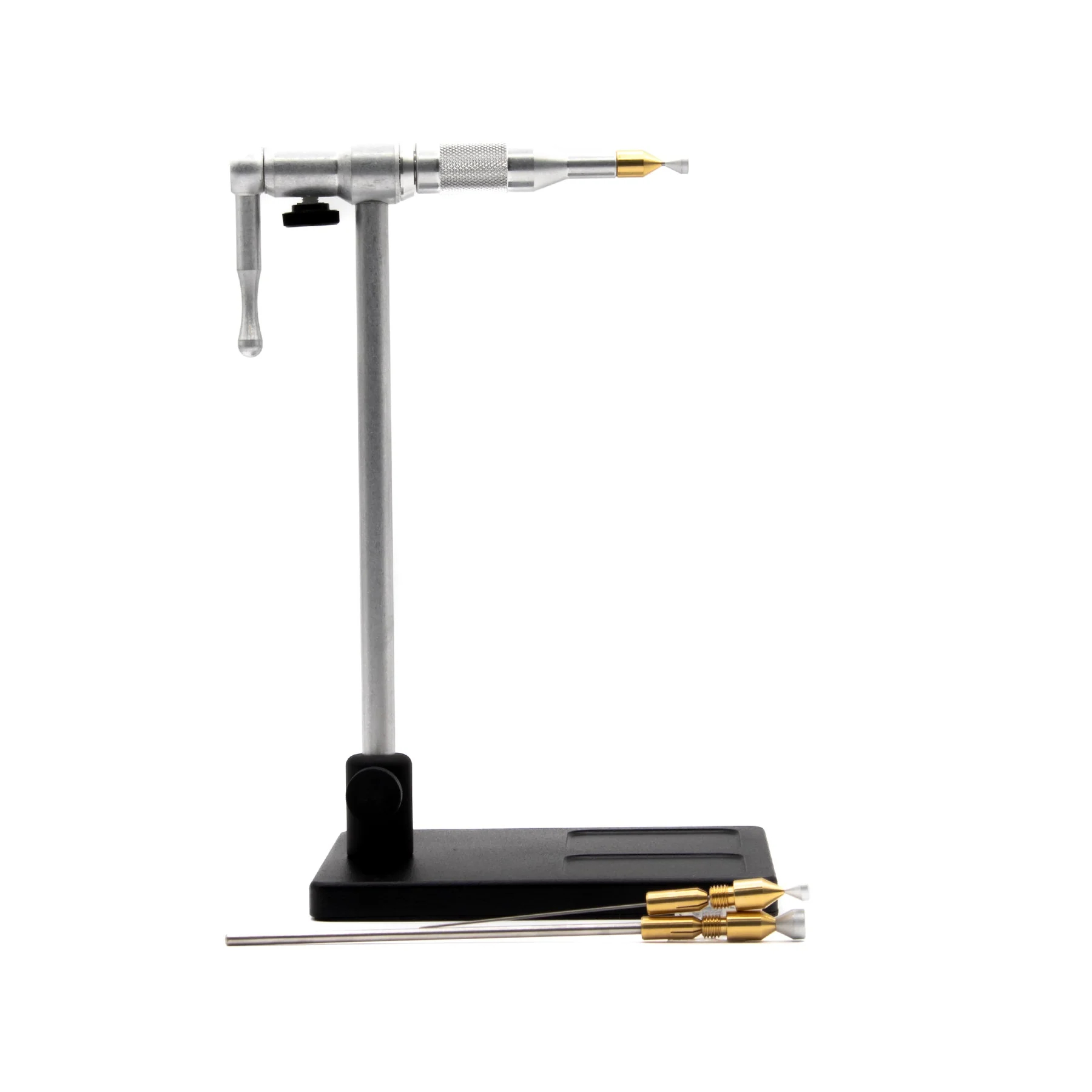 Renzetti Tube Fly T1003-S rotary fly tying vise with black pedestal base, adjustable rotary head and three tube fly mandrels