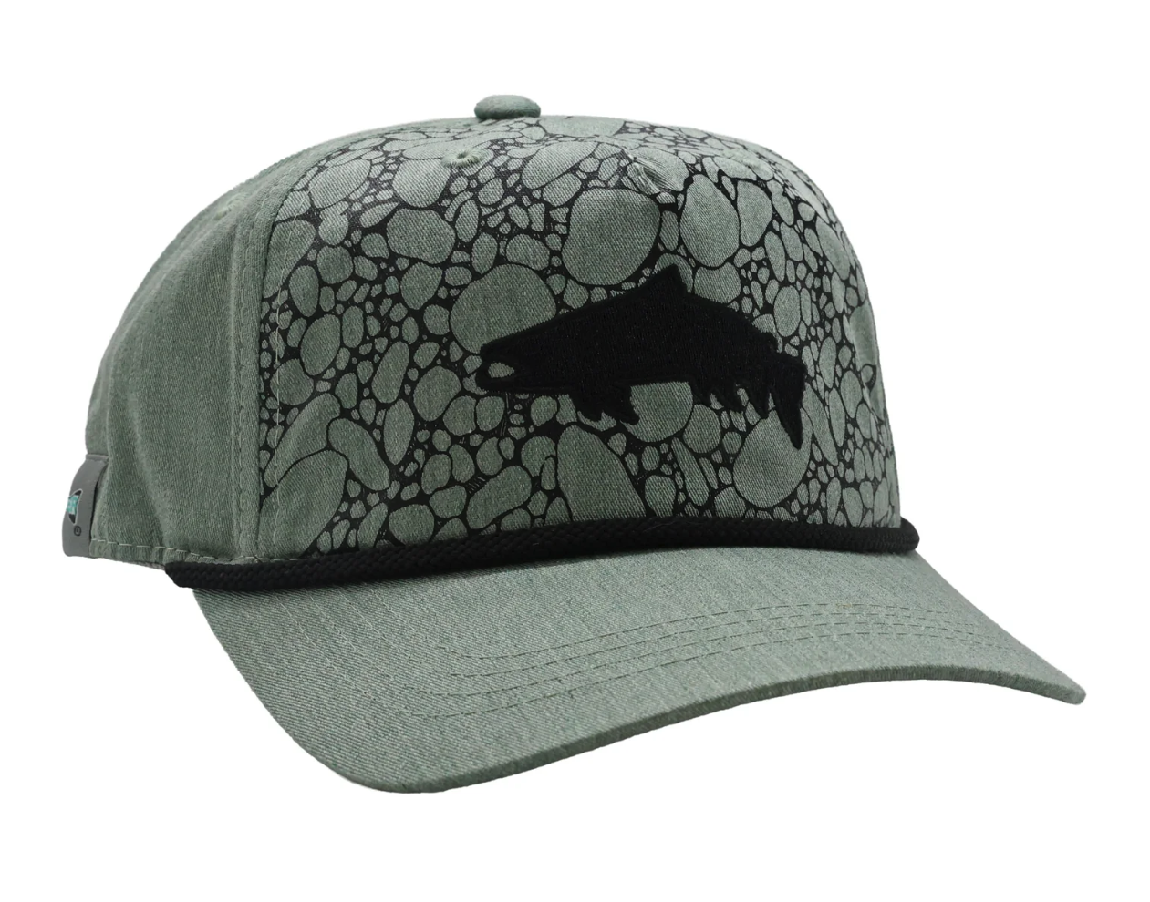 Angled front view of Rep Your Water River Rock Trout Performance Unstructured 5 Panel Hat