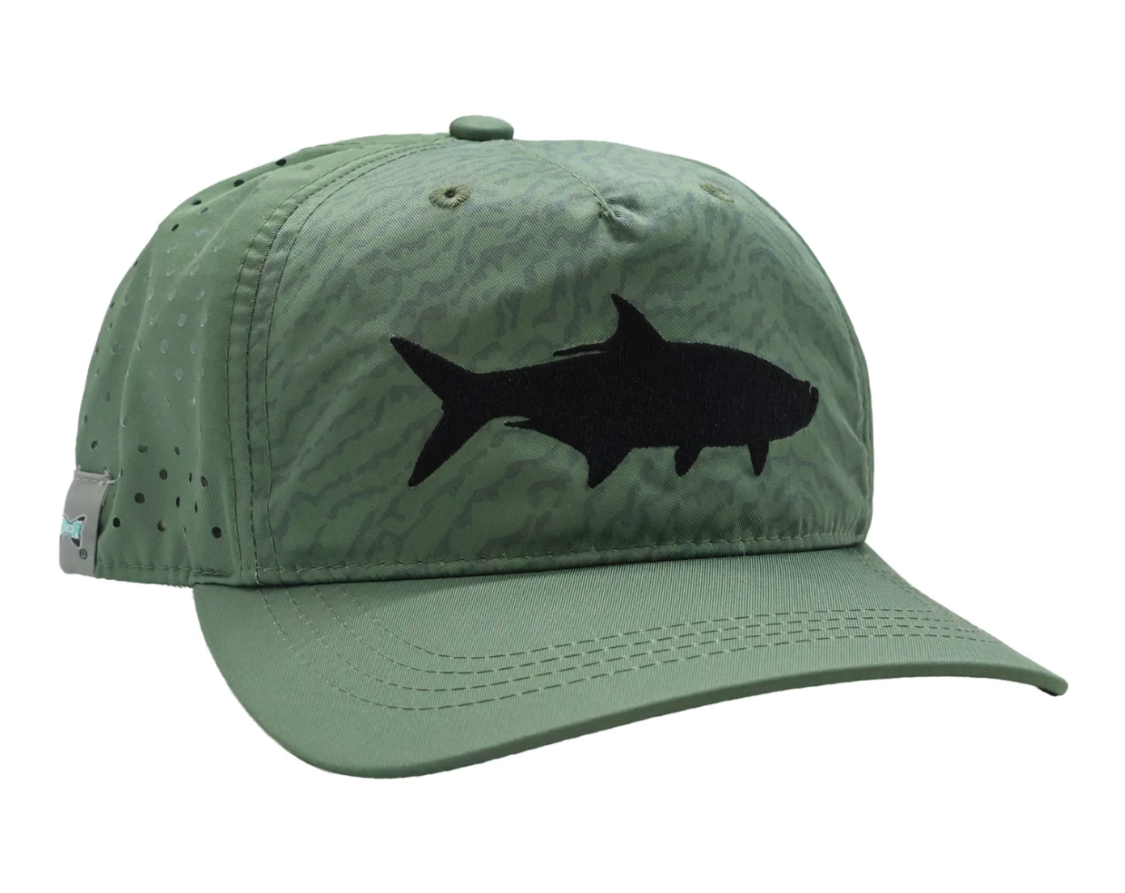Angled front view of Rep Your Water Tarpon Over Sand Performance Unstructured 5 Panel Hat