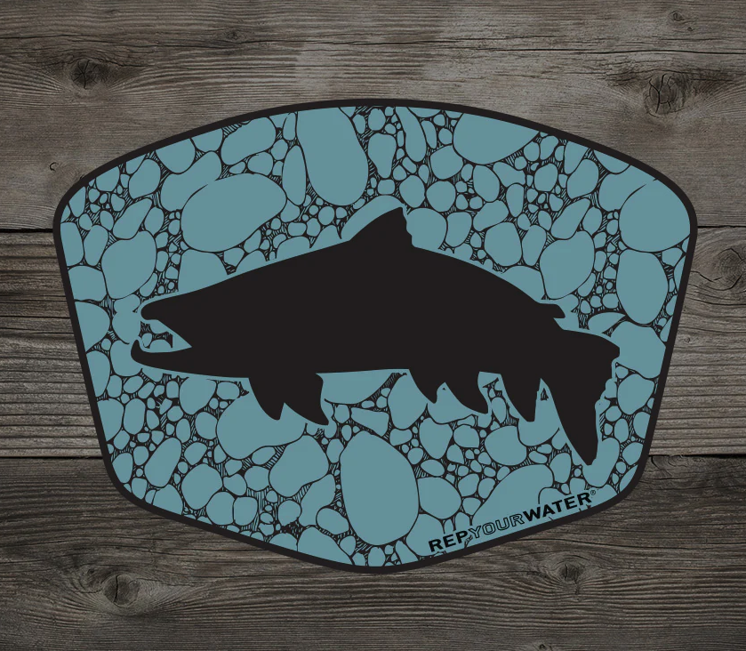 Rep Your Water River Rock Trout Sticker on wood background