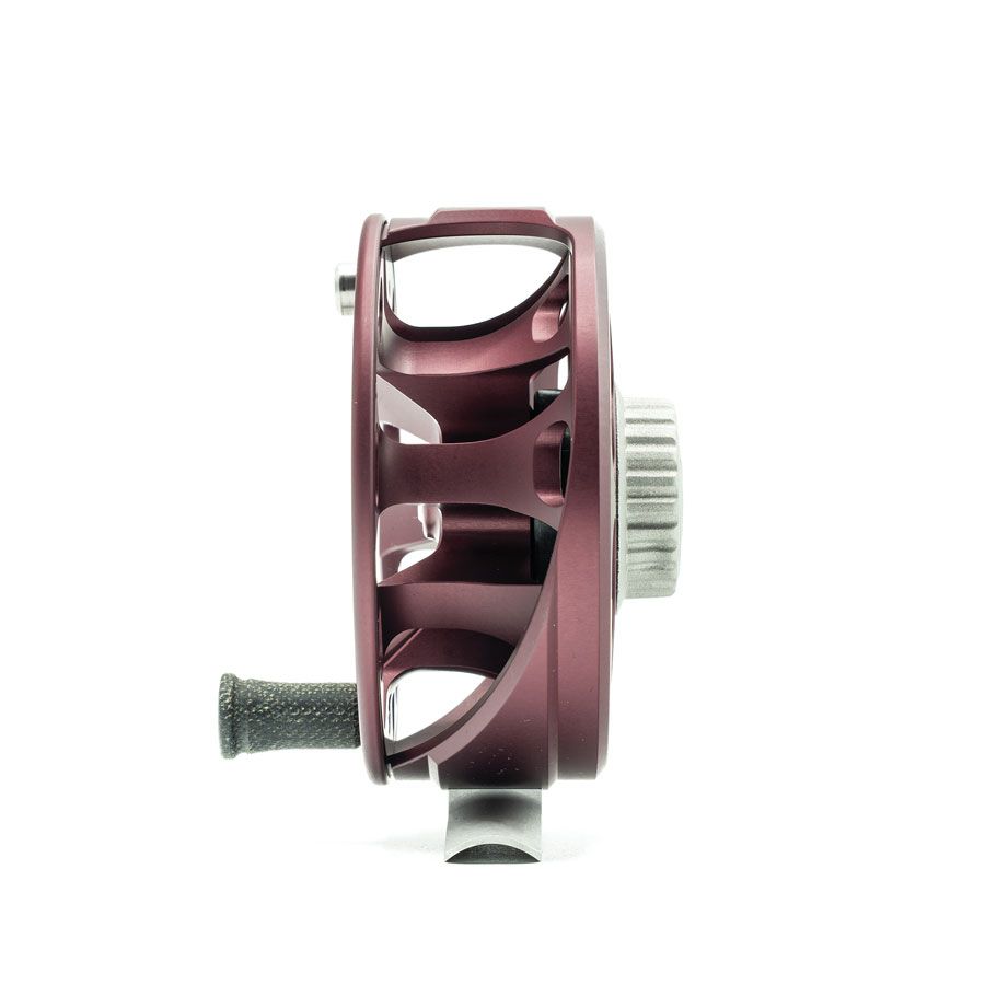 Profile view of the Ross Reels Cimarron Fly Reel Matte Merlot Fly Shop Exclusive