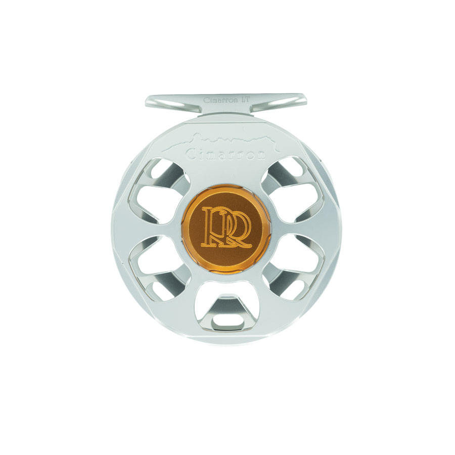 Ross Cimarron LT matte platinum fly reel frame detail for smooth drag trout fishing