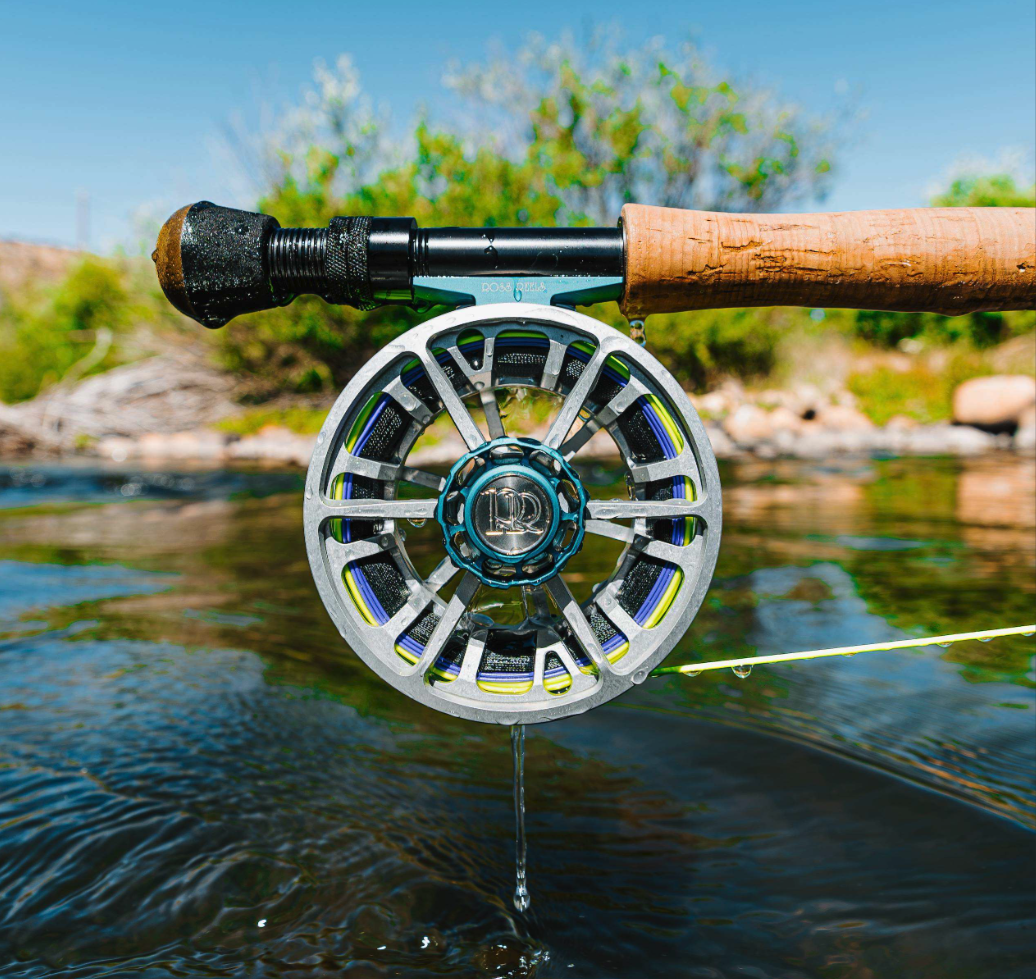 Ross Reels Evolution LTX Machinist Edition Fly Reel on rod above river