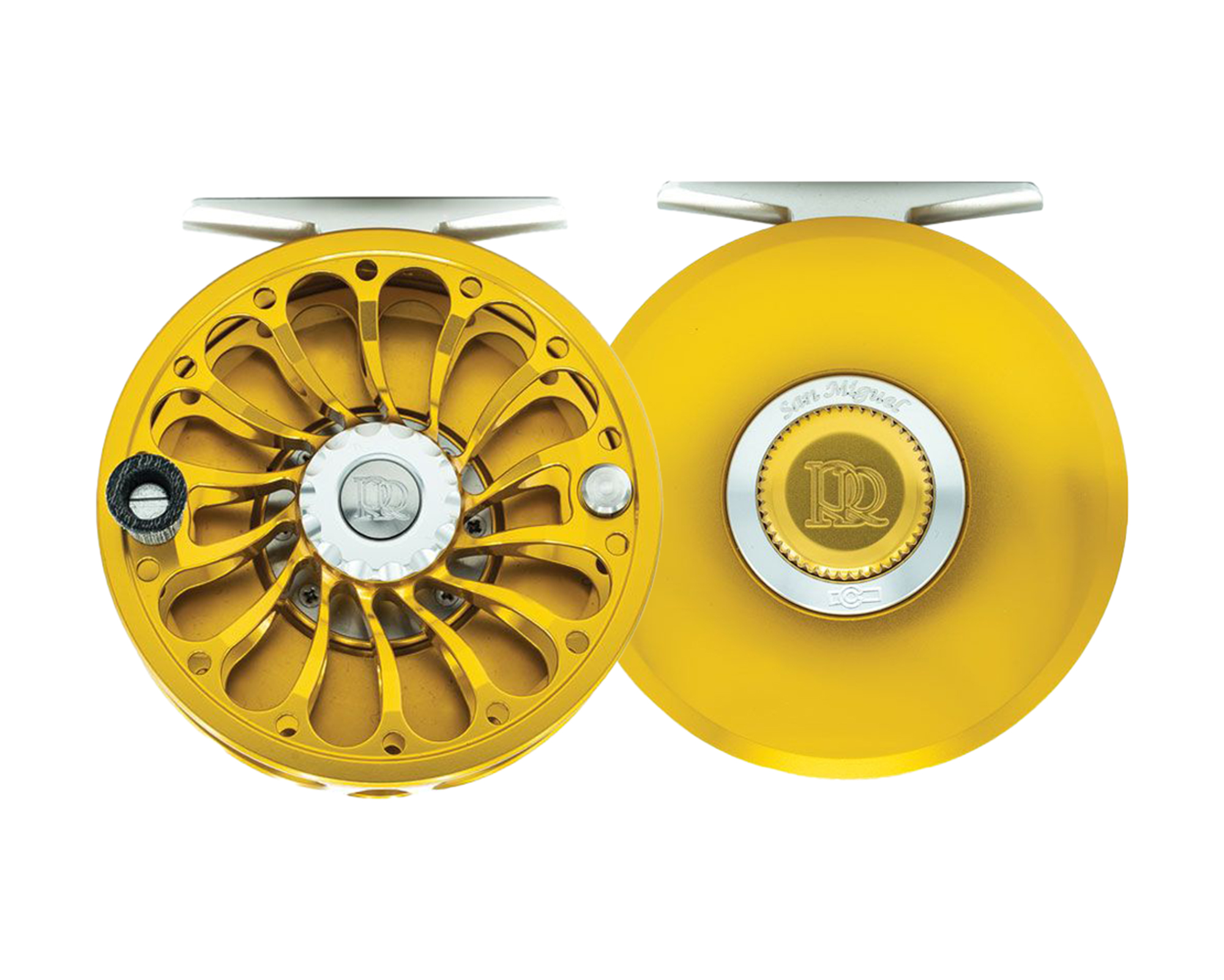 Spool and frame sides of the gold Ross Reels San Miguel Reel