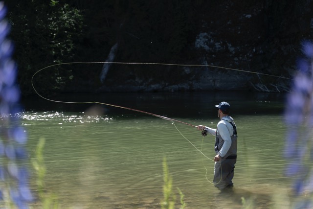 Angler casting Sage R8 POWER Fly Rod into river
