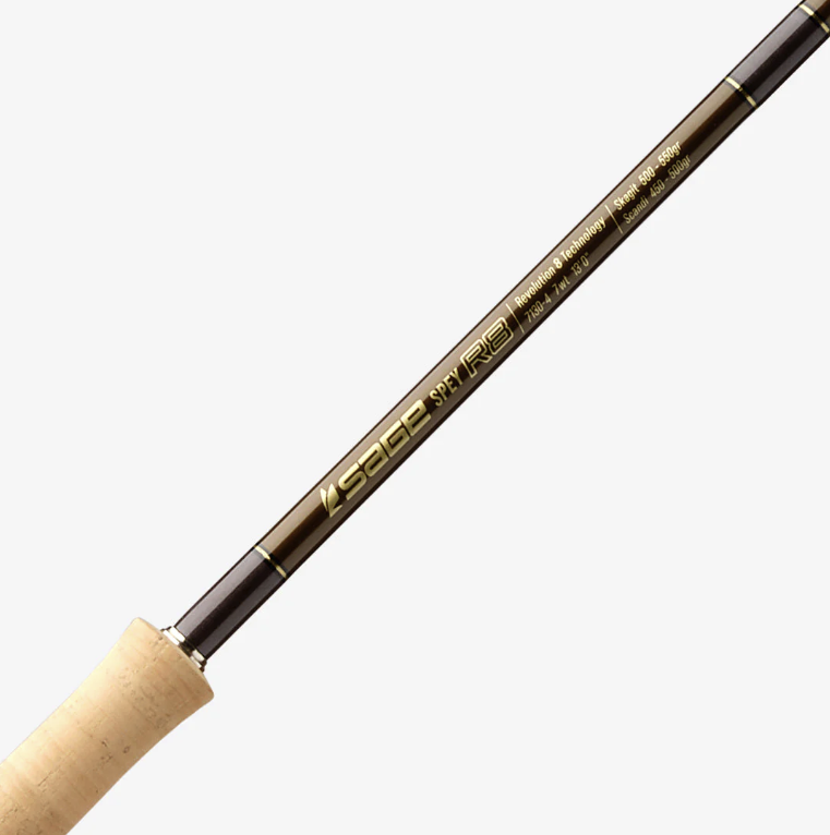 Close-up of Sage R8 Premium Spey Rod with distinctive guide patterns and ergonomic handle, ideal for spey casting enthusiasts.