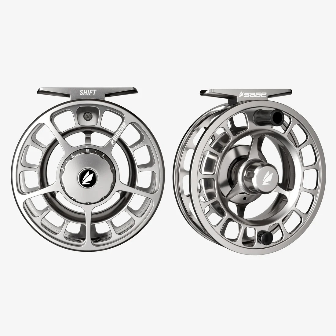 Platinum Sage SHIFT fly fishing reel showing One Revolution drag knob and concave spool for optimal capacity