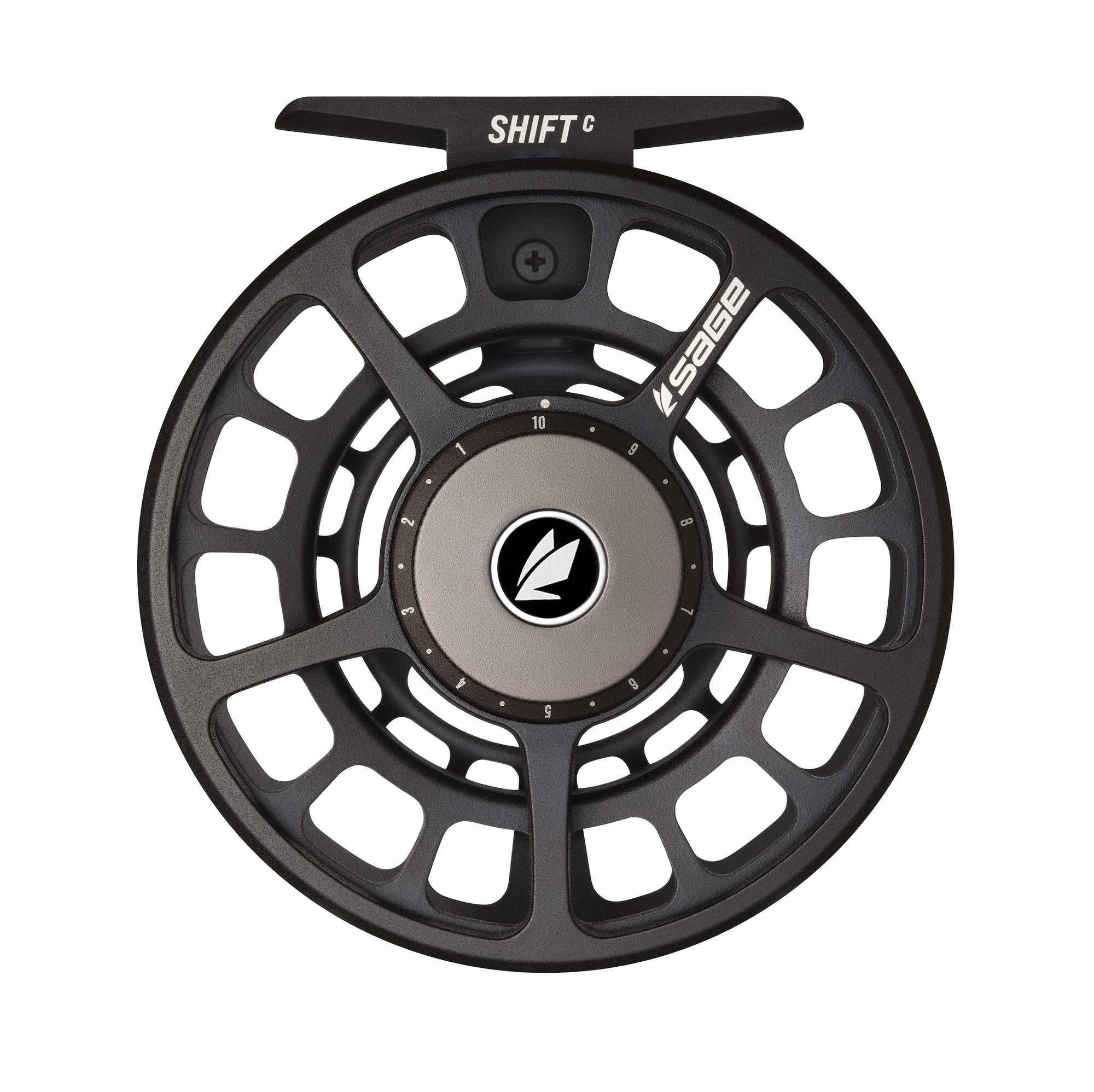 Sage Shift C Black Fly Reel rear view highlighting numbered drag adjustment dial and large arbor design.