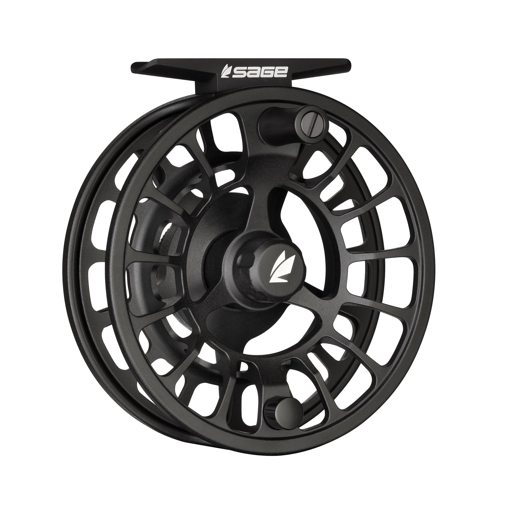 Sage Shift C Black Fly Reel angled front view showing large arbor spool, ported frame, and ergonomic handle.