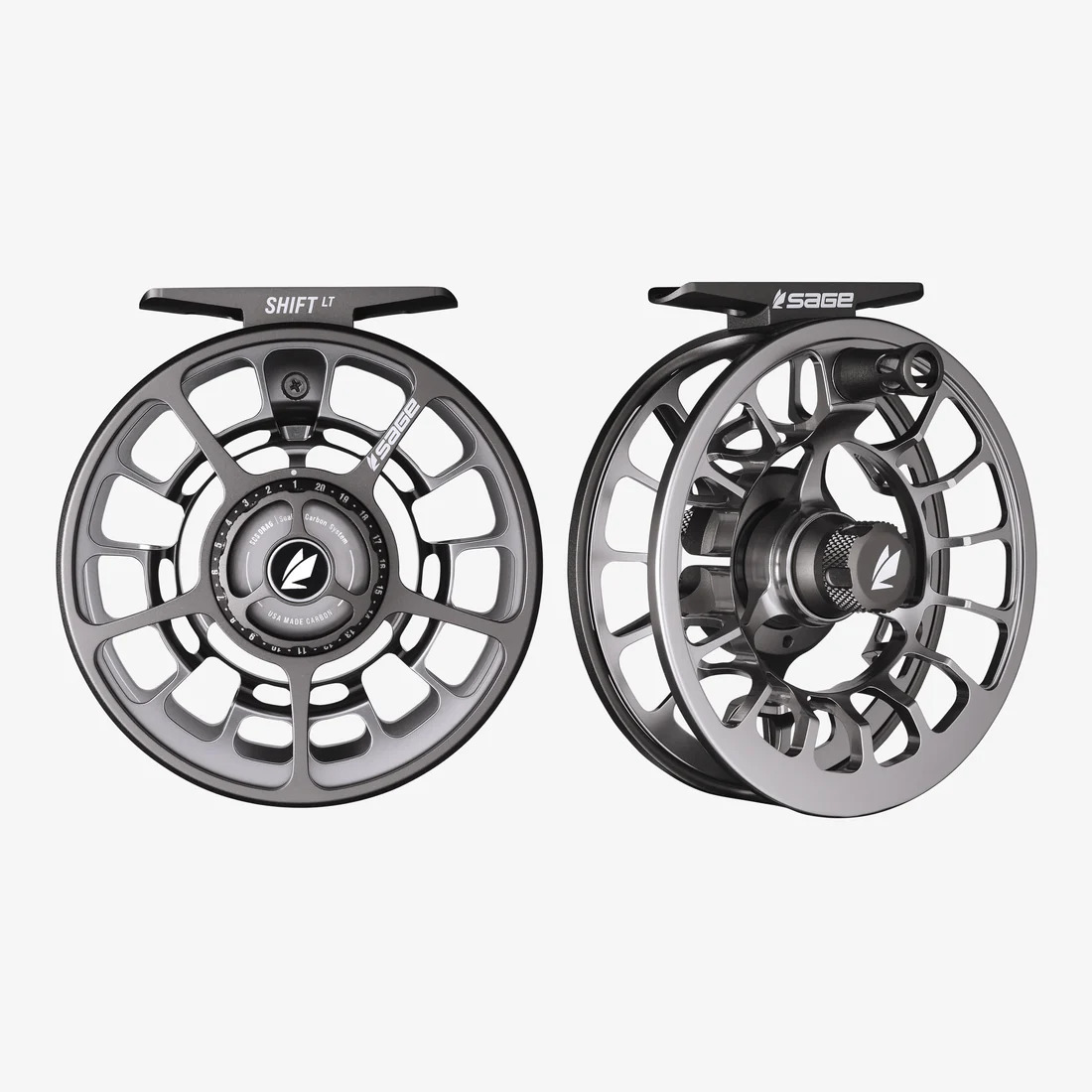 Lightweight Sage SHIFT LT reel Silver Pine, cold-forged frame and ported spool for strength