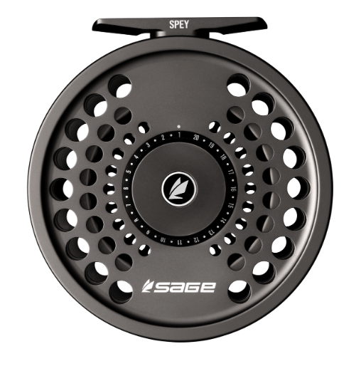 Detail of the drag adjustment knob on the Sage SPEY 2 Reel, emphasizing the reel's fine-tuning capabilities for fly fishing.