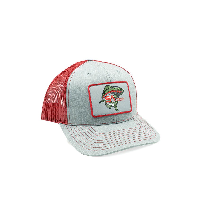 Scientific Anglers Rainbow Trout Patch Trucker Hat grey red fly fishing cap with trout artwork and mesh back