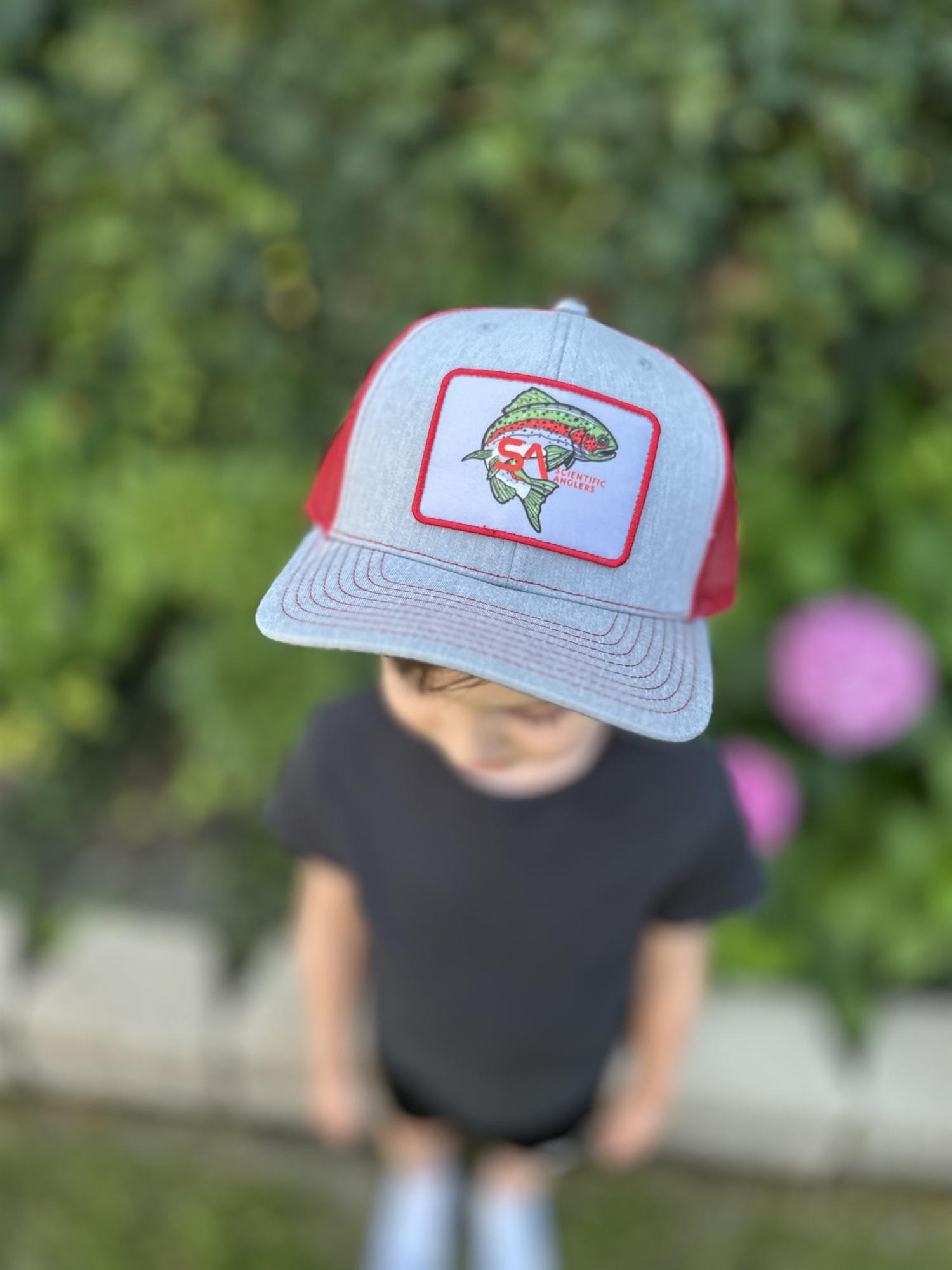 Scientific Anglers Rainbow Trout Patch Trucker Hat grey red outdoor fishing cap with breathable mesh back