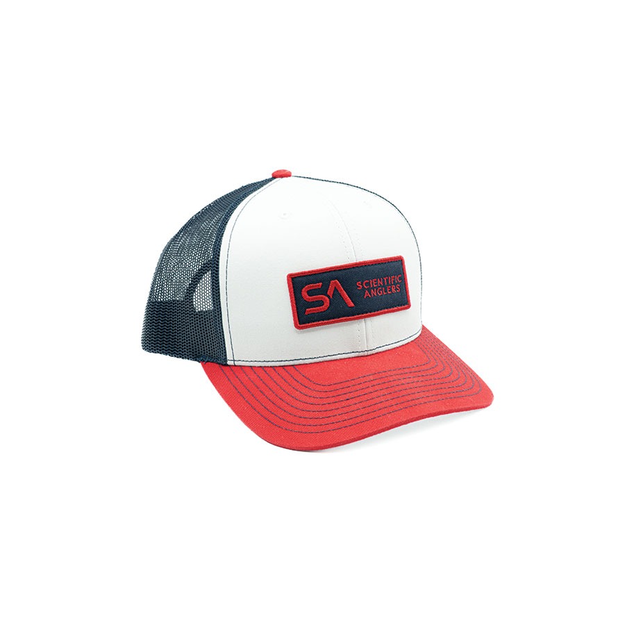 Scientific Anglers Logo Trucker Hat white red navy fly fishing cap with breathable mesh back