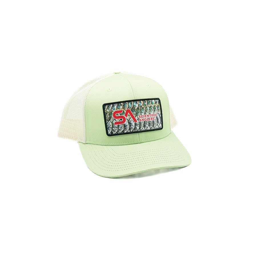 Scientific Anglers Tarpon Scale Trucker Hat Patina Green fly fishing cap with tarpon scale patch and mesh back