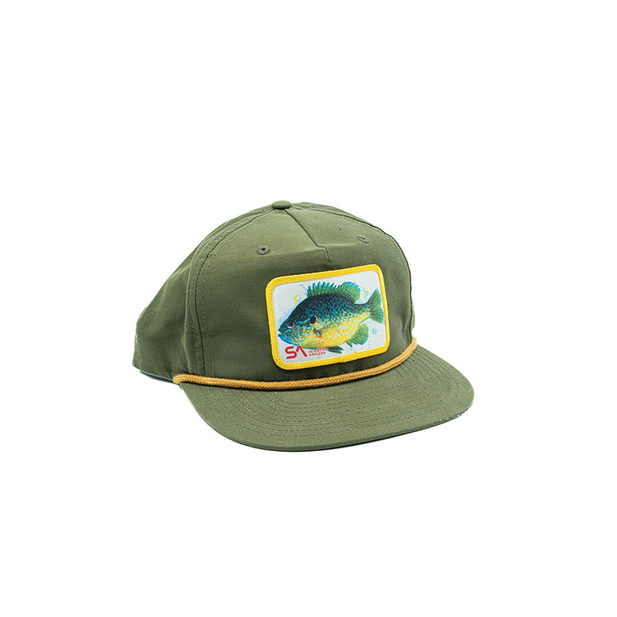 Scientific Anglers Flat Brim Retro Bluegill Hat dark olive fishing cap with bluegill patch and gold rope detail