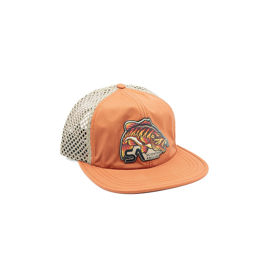Scientific Anglers Quick Dry Packable Hat burnt orange tan fishing cap with smallmouth bass patch and mesh back