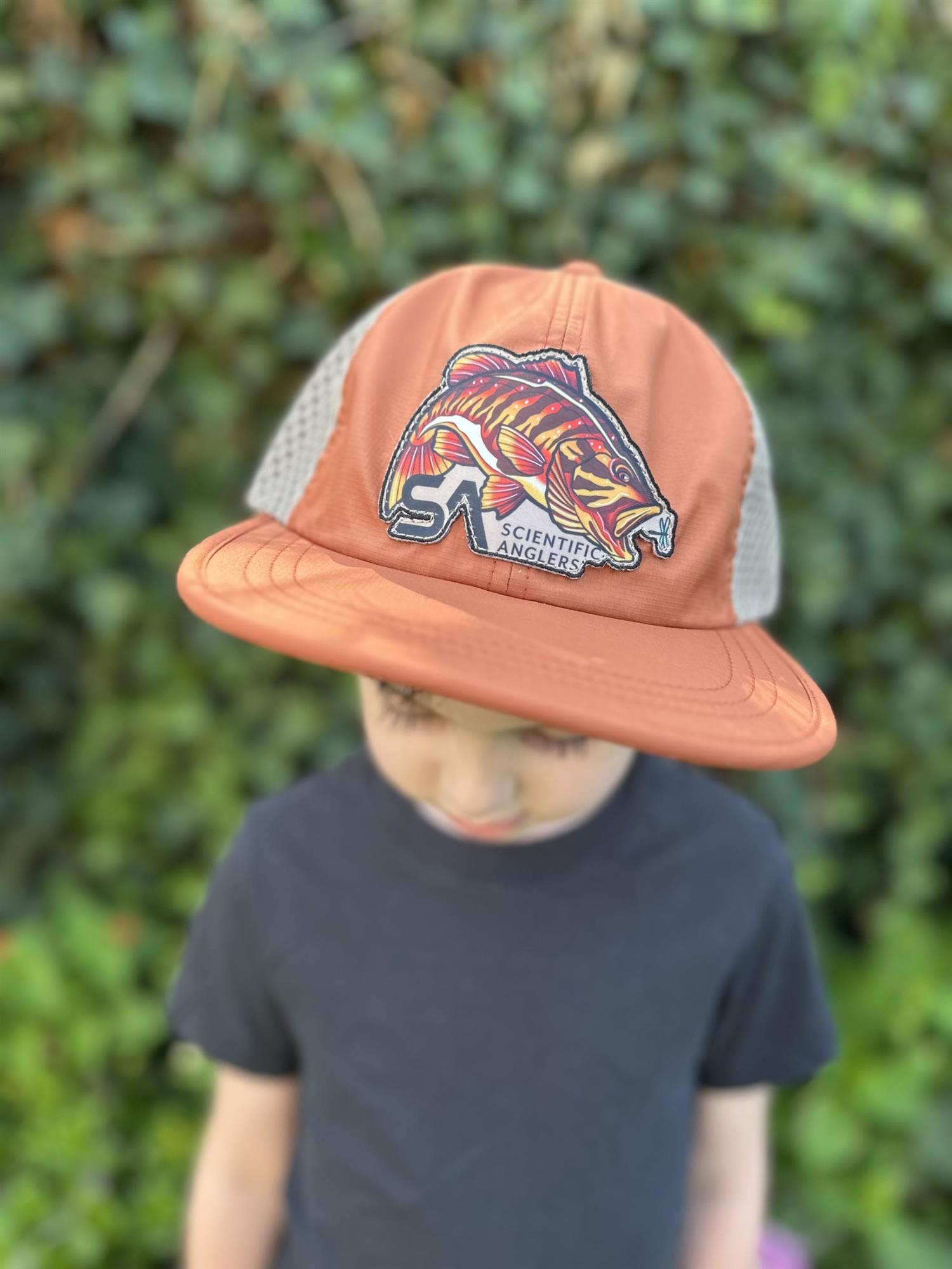 Scientific Anglers Quick Dry Packable Hat burnt orange outdoor fishing cap with smallmouth bass graphic