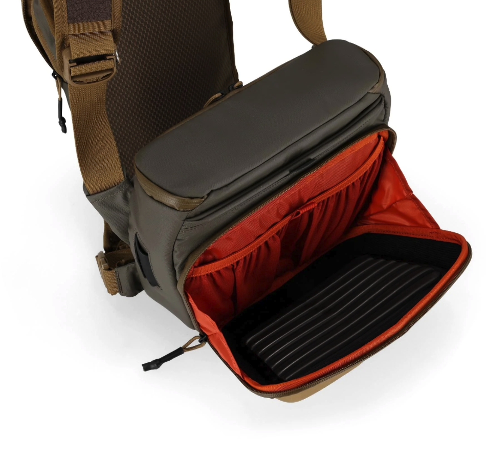 Front dropdown panel open on Simms Headwaters Chest Pack