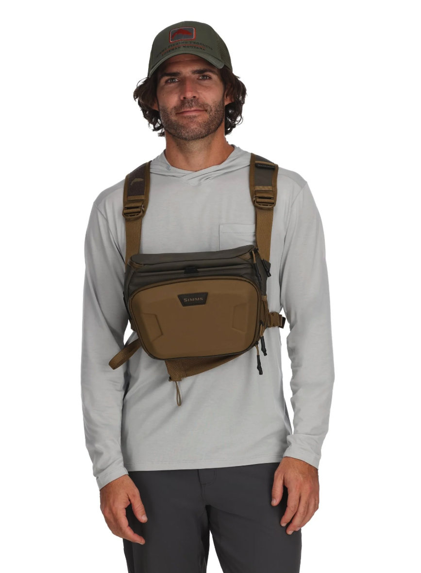 Front view of model wearing Simms Headwaters Chest Pack