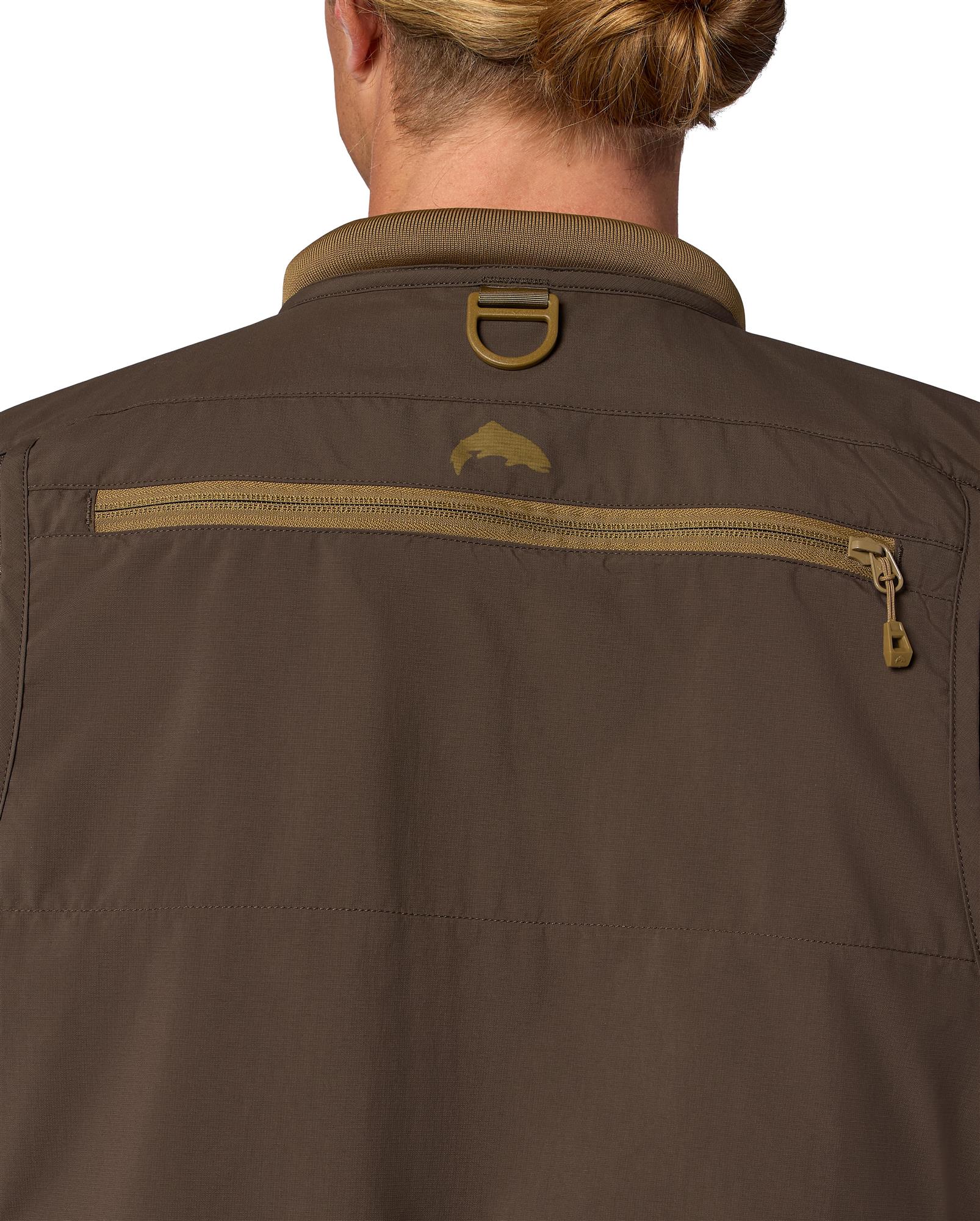 Simms Headwaters Vest rear zip pocket detail with rugged ripstop fabric and YKK zipper for gear storage