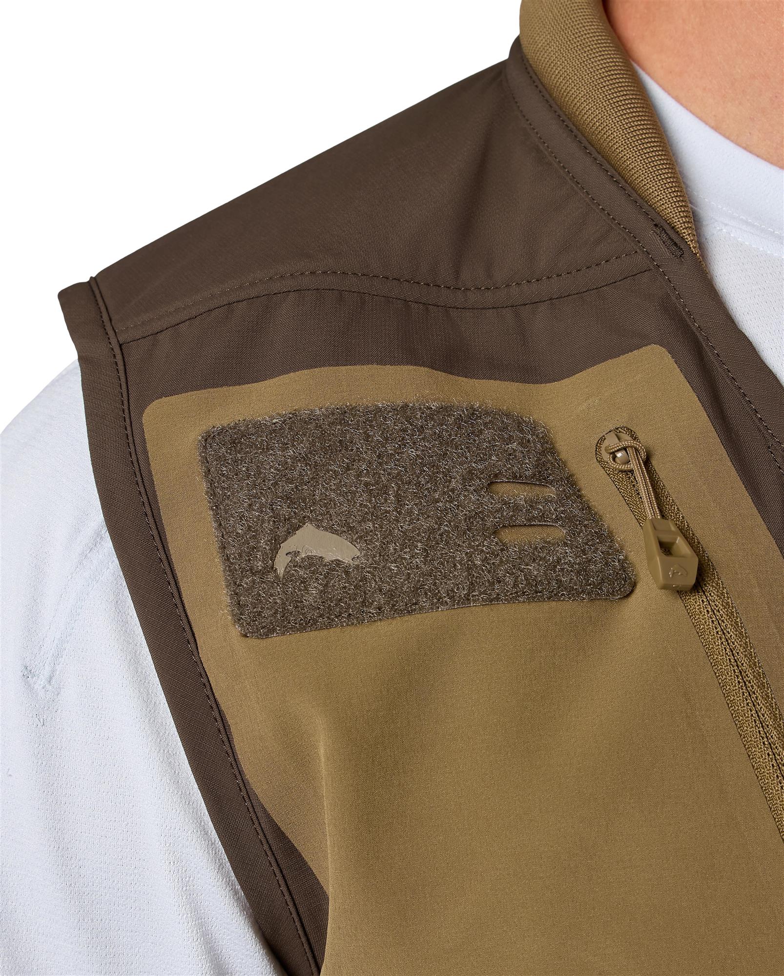 Simms Headwaters Vest Velcro fly patch close-up—fly drying/rigging patch and accessory mounting area