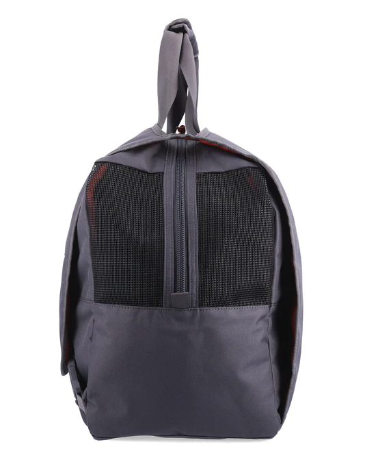 Compact Simms Wader Tote, fold-down changing mat lid, great for outdoor adventures.