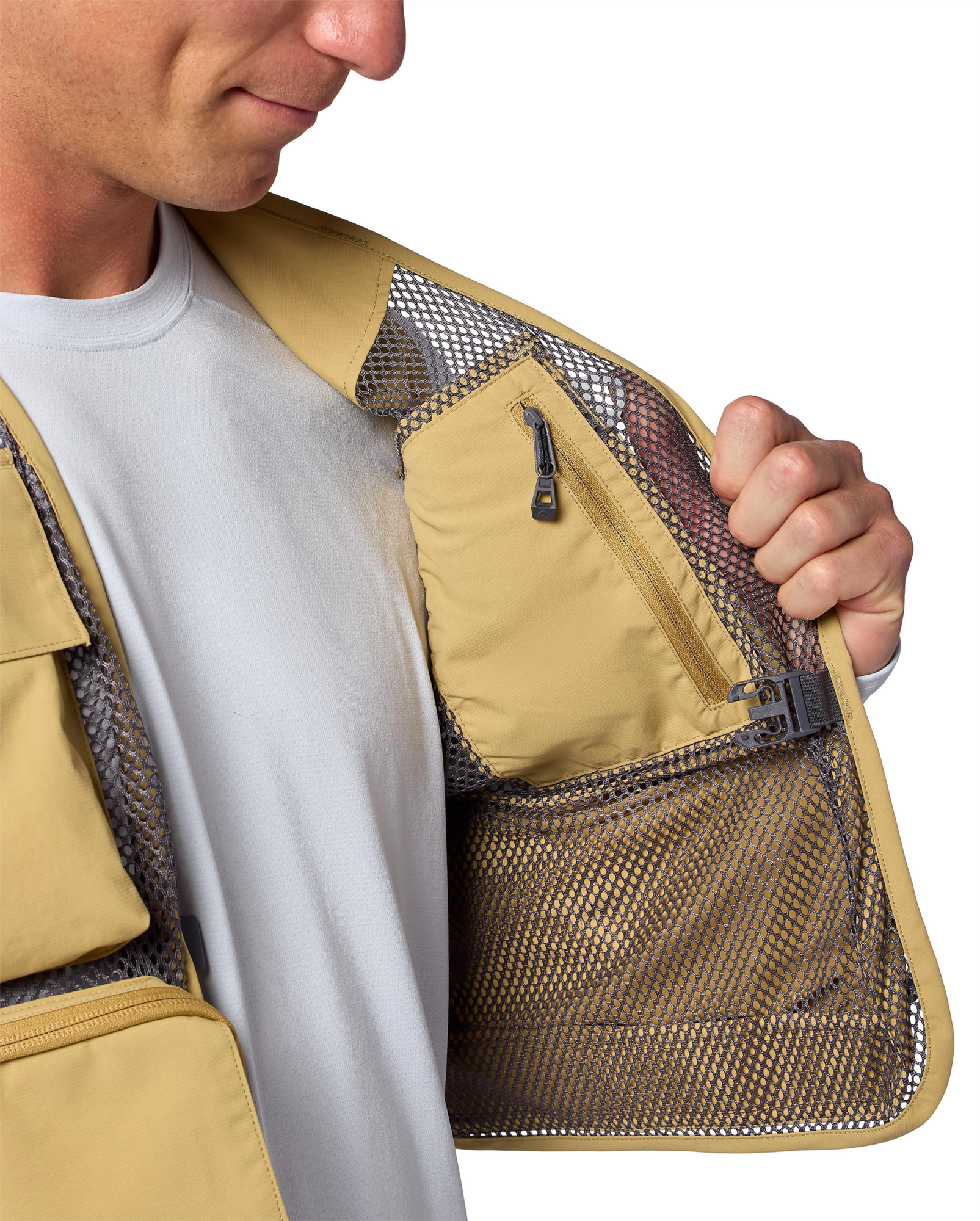 Internal zip pocket fishing vest secure storage for license and valuables