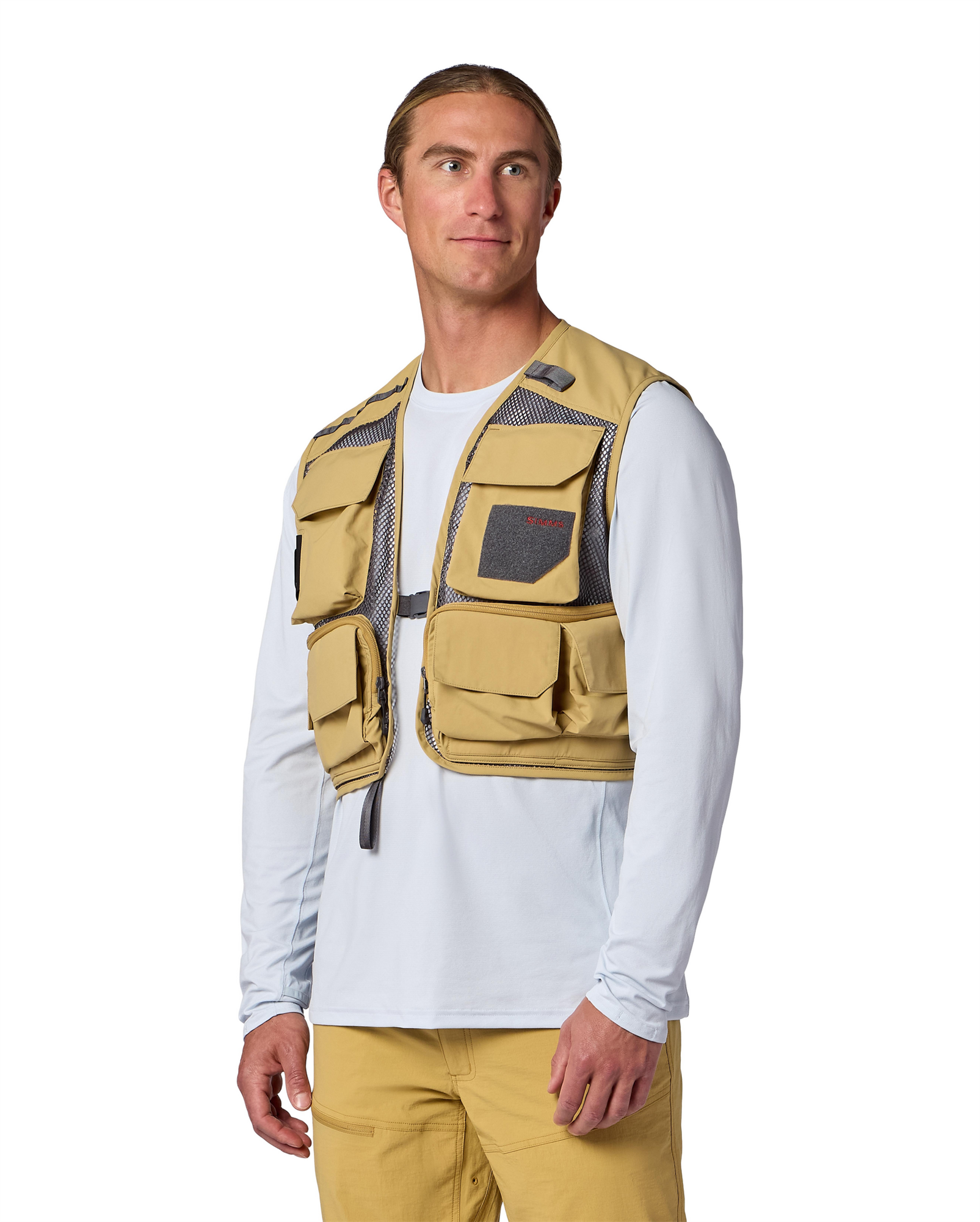 Lightweight fly fishing vest worn front view with gear access pockets