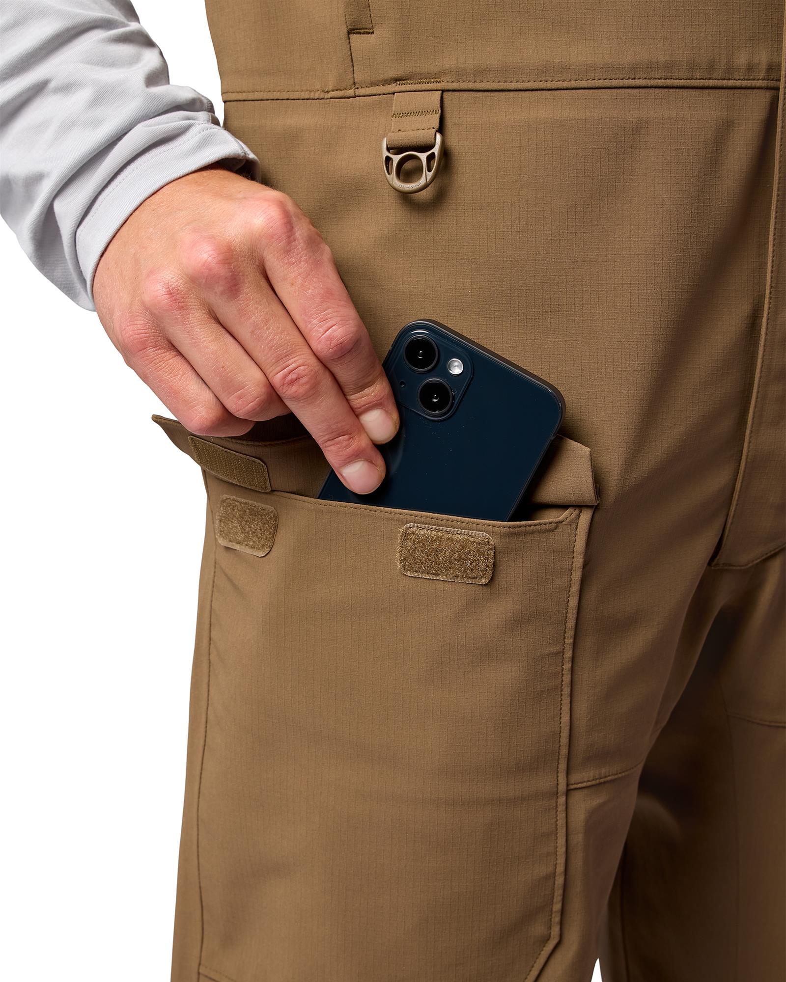 Simms Challenger bibs cargo pocket waterproof fishing bib thigh storage with velcro flap