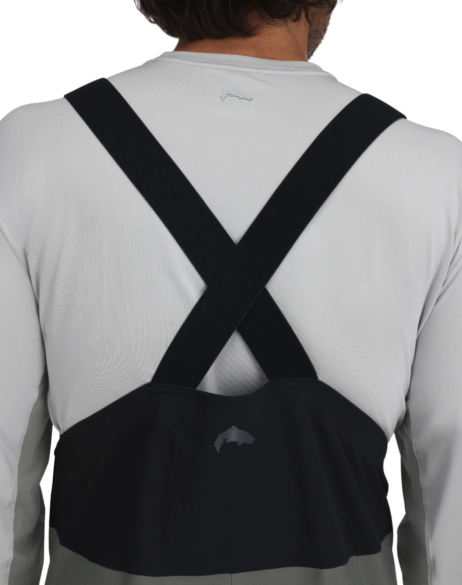 Suspenders of Simms Vapor Elite Bibs on model