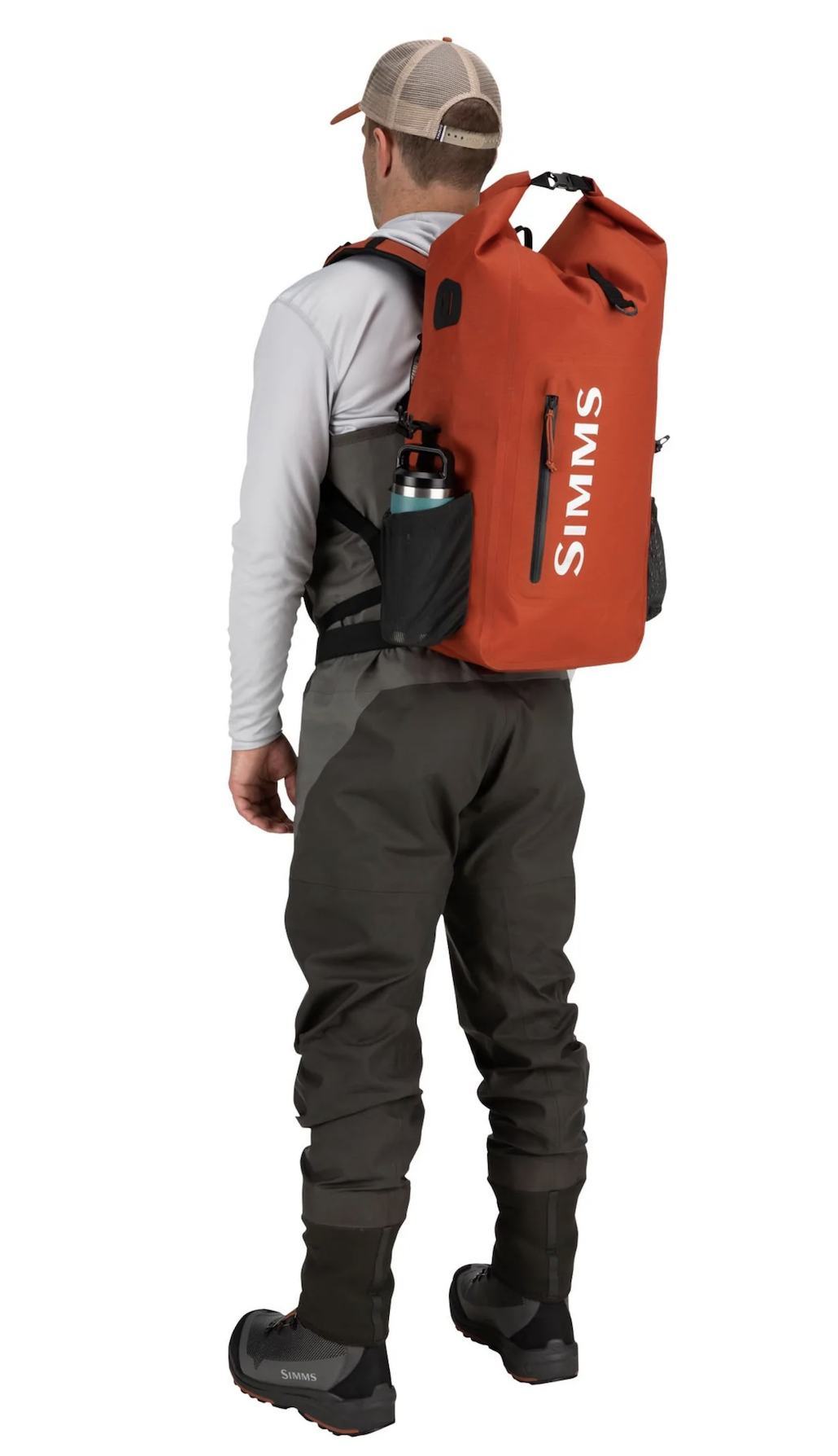 Simms Roll Top Backpack, secure storage for fishing and camping essentials.