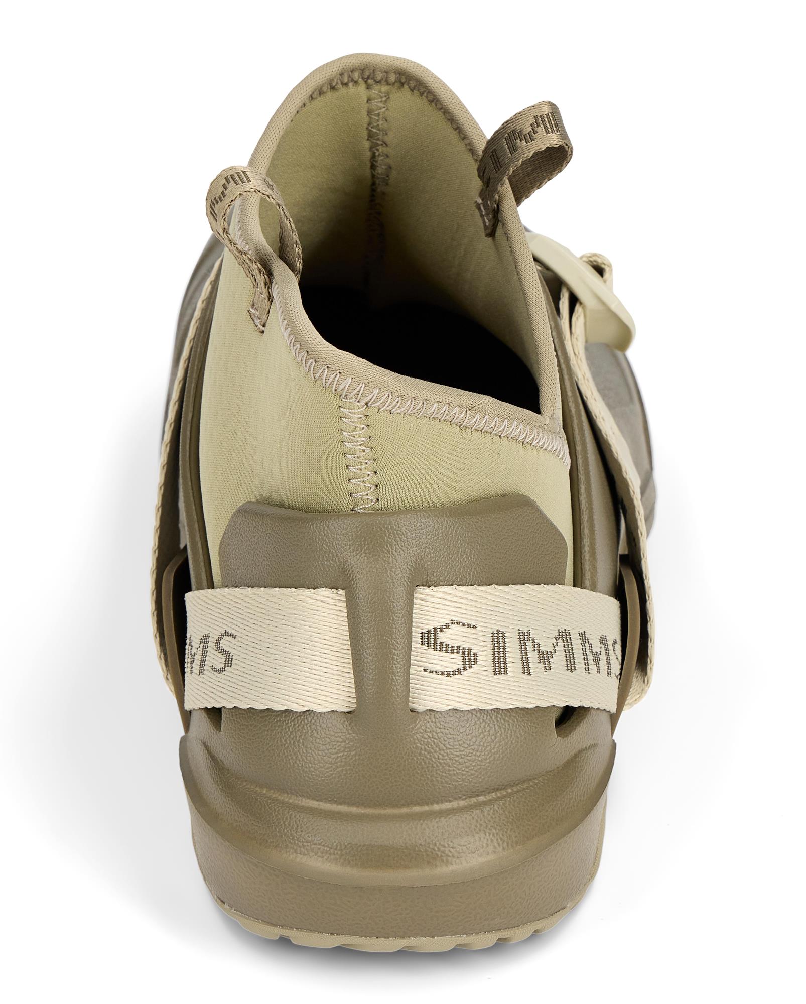 Simms Drifter AT water shoe heel view with adjustable webbing strap and Ariaprene liner for wet wading anglers