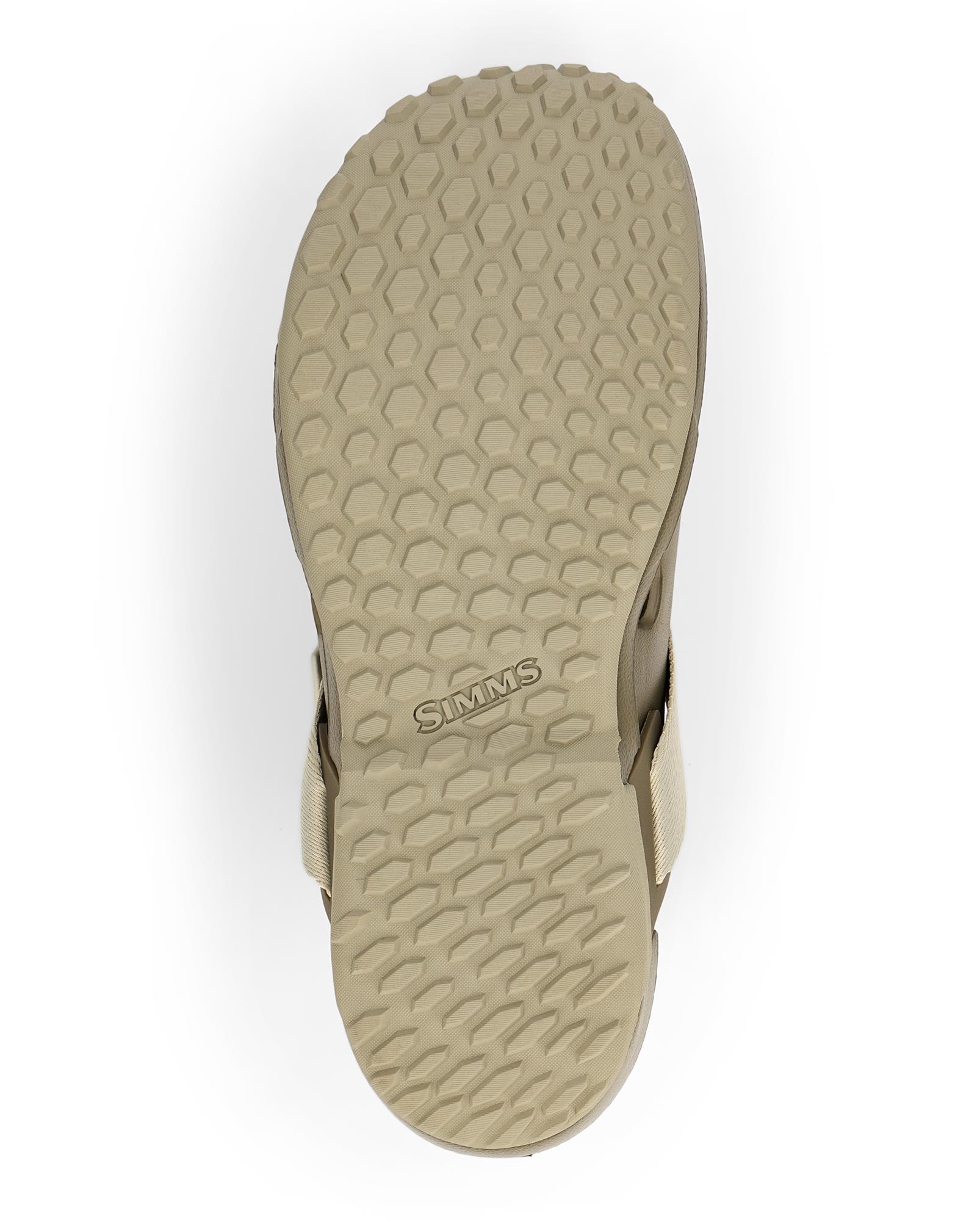 Simms Drifter AT gum rubber outsole with hex traction pattern designed for grip on wet rocks and boat decks