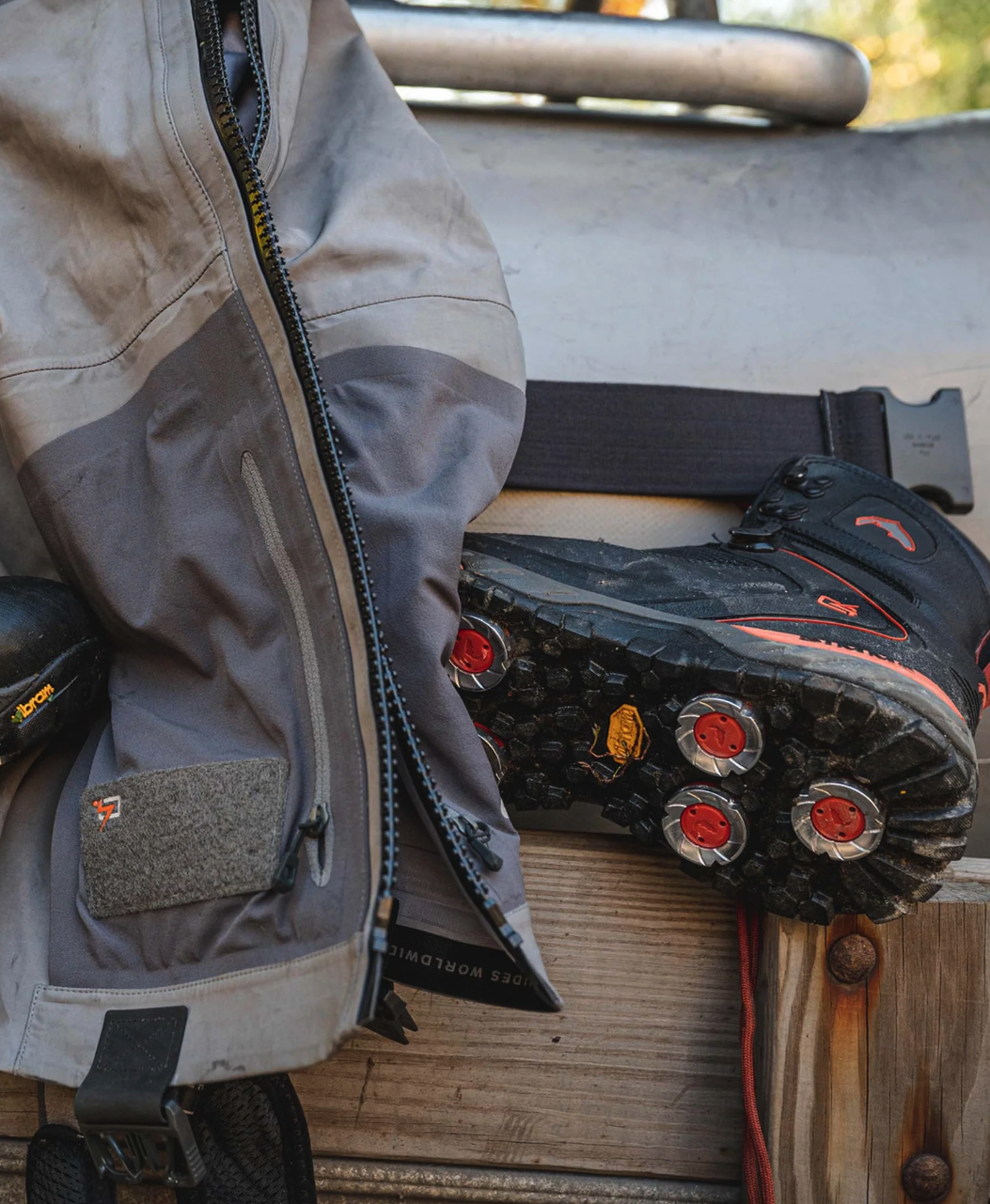 Simms G4 Powerlock Boots include aluminum and TPR cleats, ready for rocky streambeds.