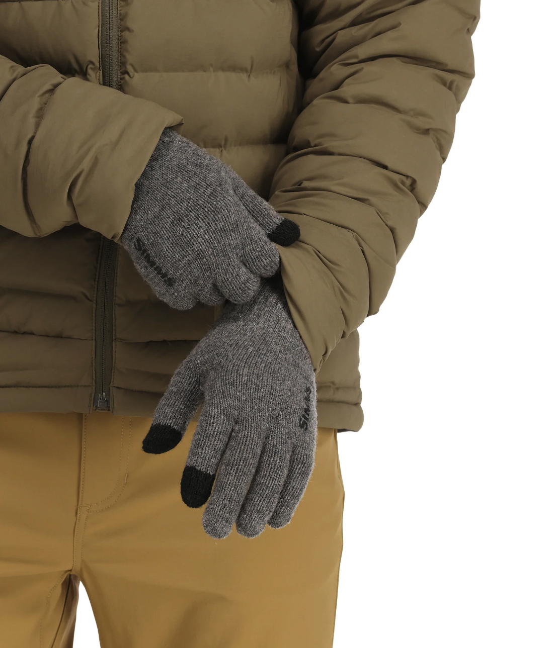 Simms full finger wool gloves, ideal for cold-weather fly fishing and outdoor activities.