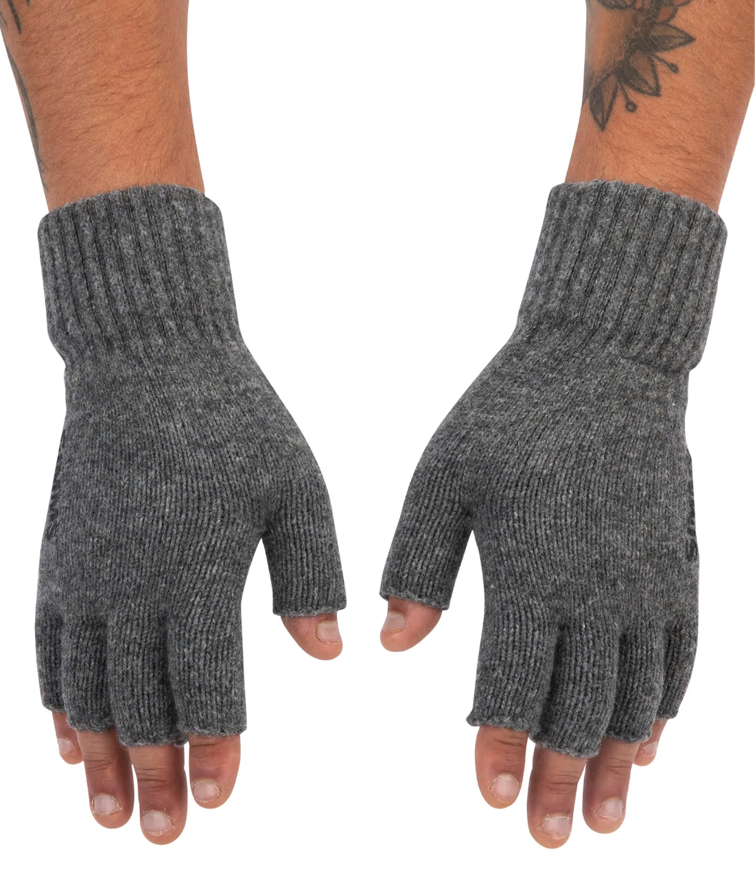 Half-finger Merino wool gloves for anglers, keeping hands warm while maintaining finger mobility.